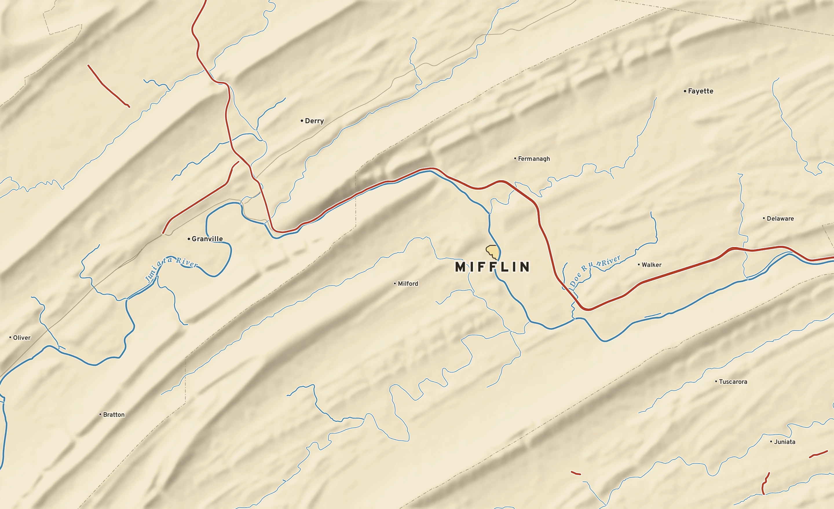 Shaded-relief atlas plate of Mifflin, Pennsylvania: rivers, roads, the city limits and where the water drains.