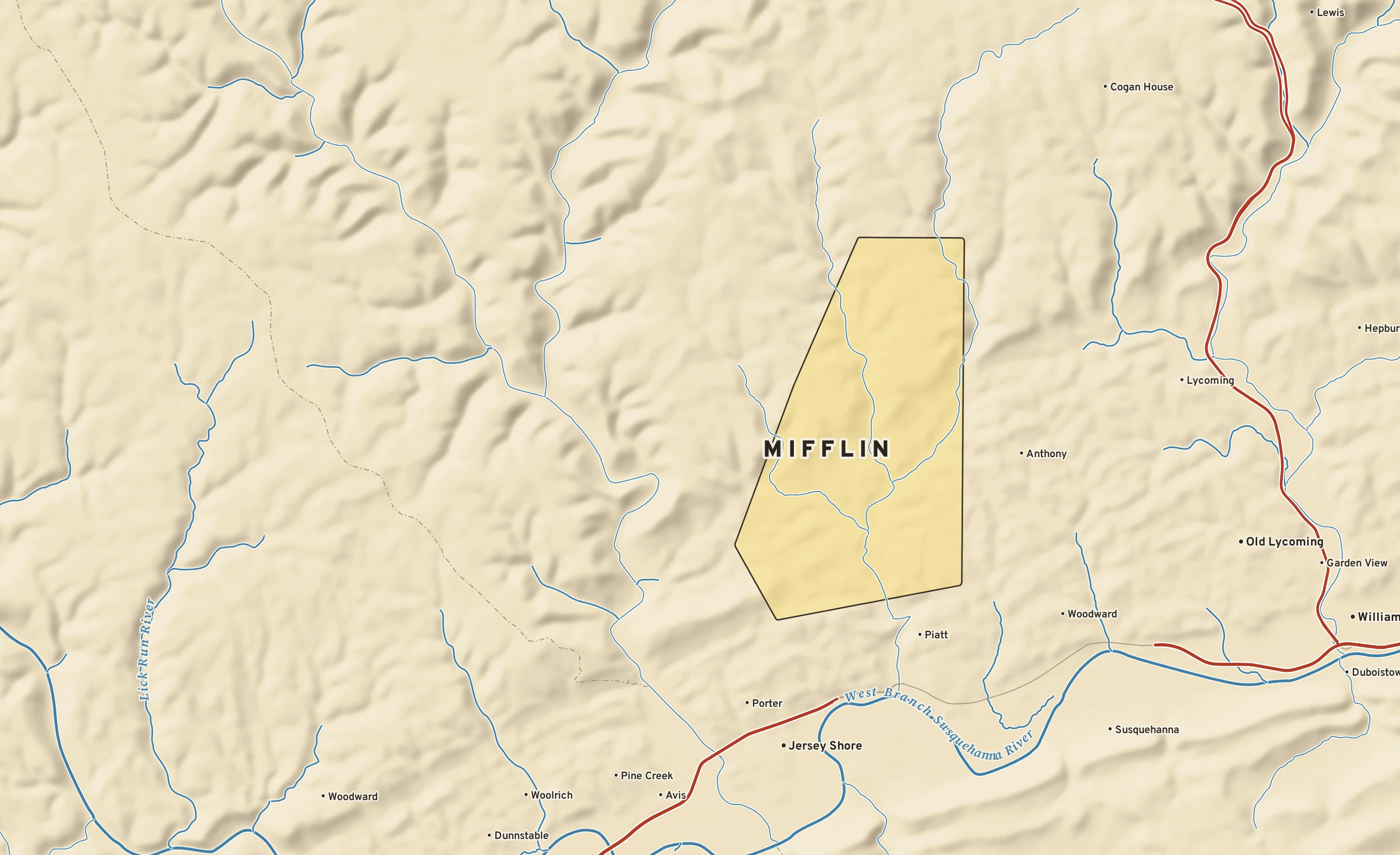 Shaded-relief atlas plate of Mifflin, Pennsylvania: rivers, roads, the city limits and where the water drains.