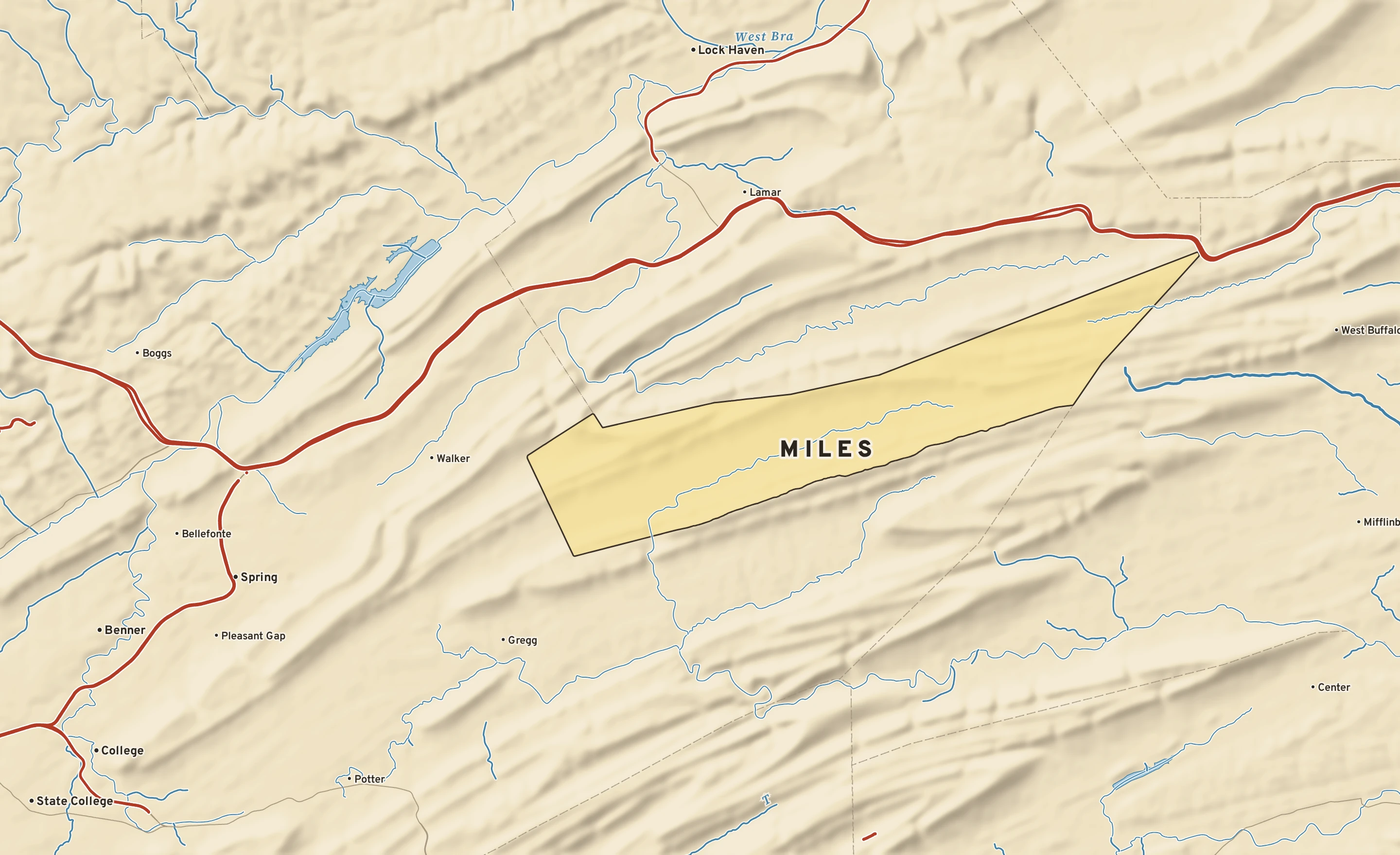 Shaded-relief atlas plate of Miles, Pennsylvania: rivers, roads, the city limits and where the water drains.