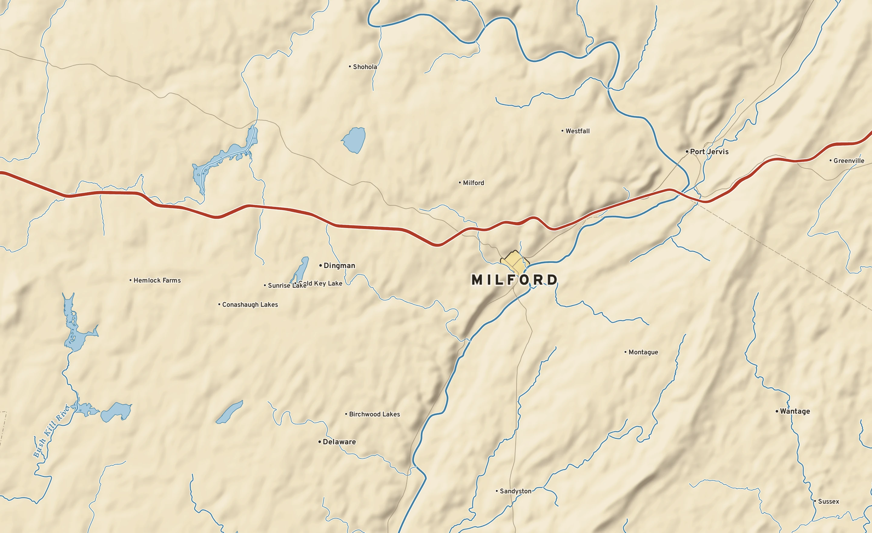 Shaded-relief atlas plate of Milford, Pennsylvania: rivers, roads, the city limits and where the water drains.