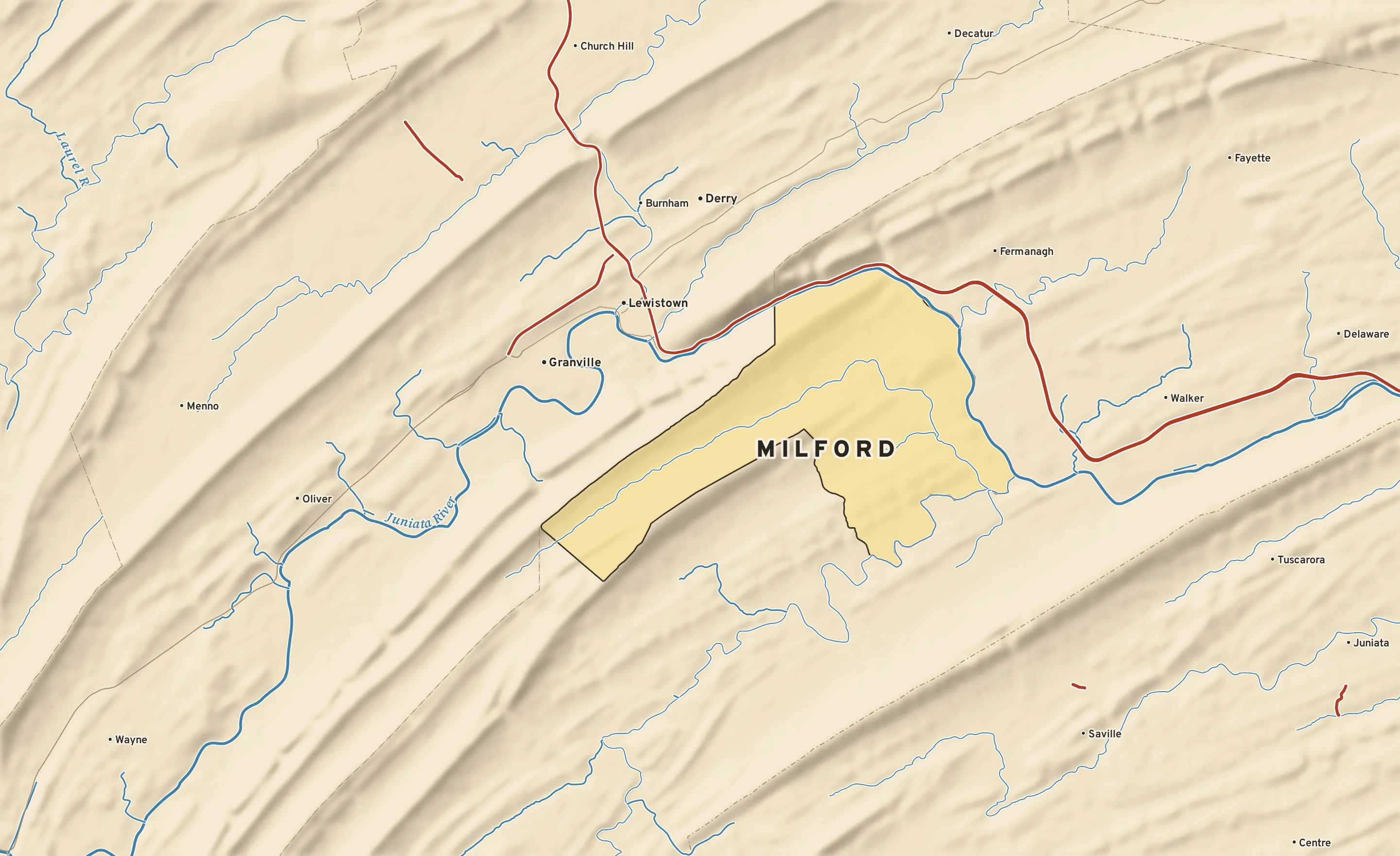 Shaded-relief atlas plate of Milford, Pennsylvania: rivers, roads, the city limits and where the water drains.
