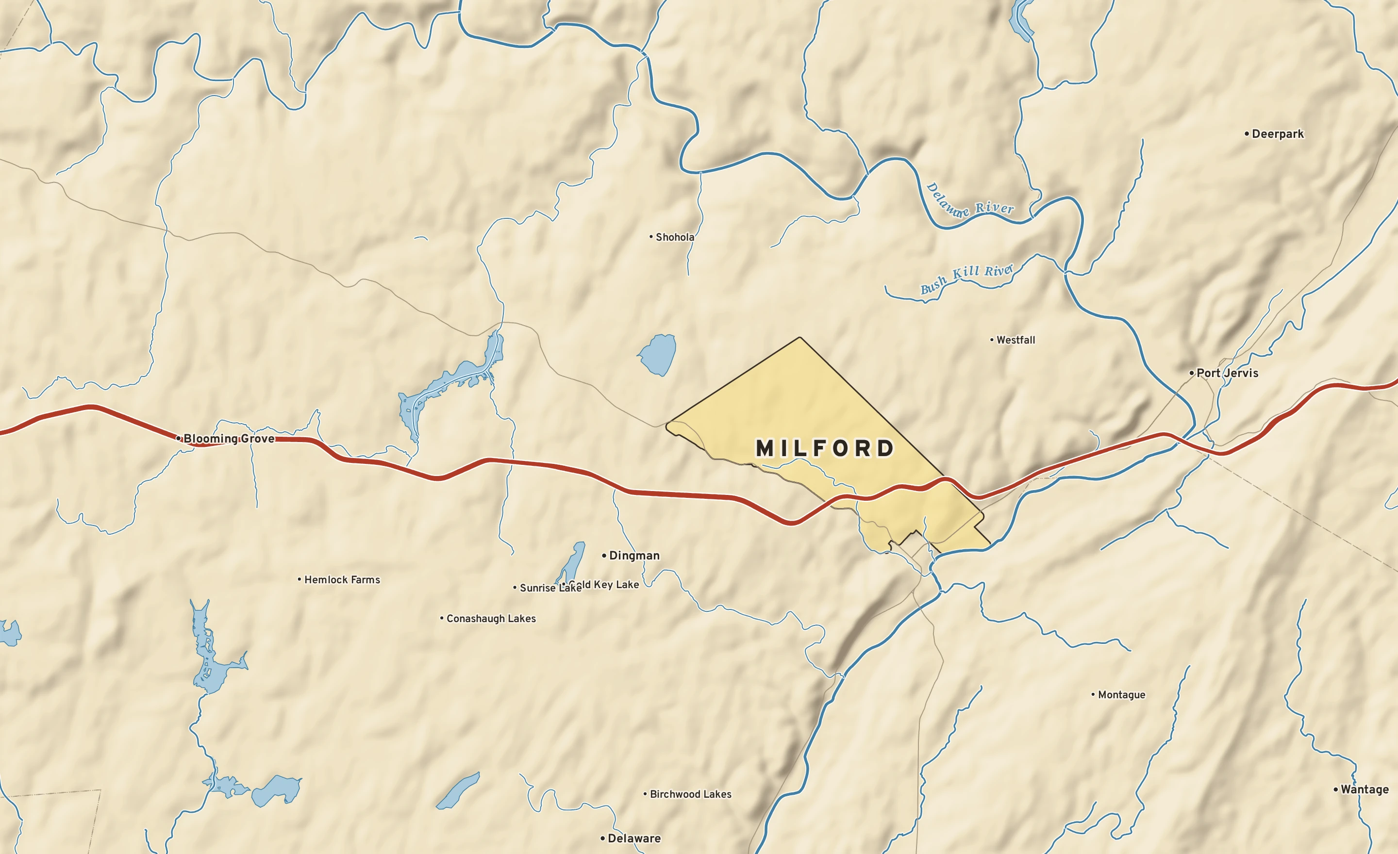 Shaded-relief atlas plate of Milford, Pennsylvania: rivers, roads, the city limits and where the water drains.