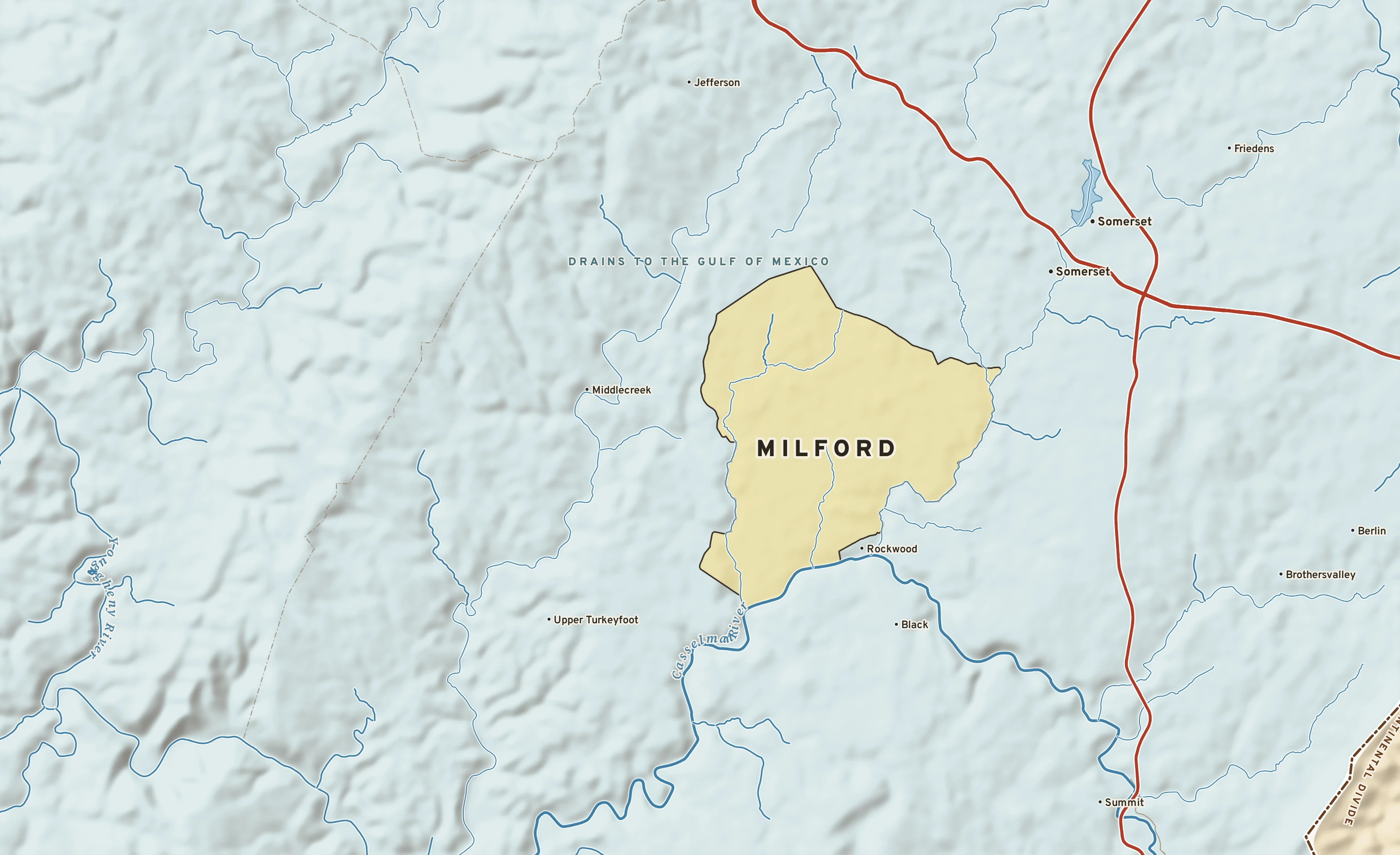 Shaded-relief atlas plate of Milford, Pennsylvania: rivers, roads, the city limits and where the water drains.