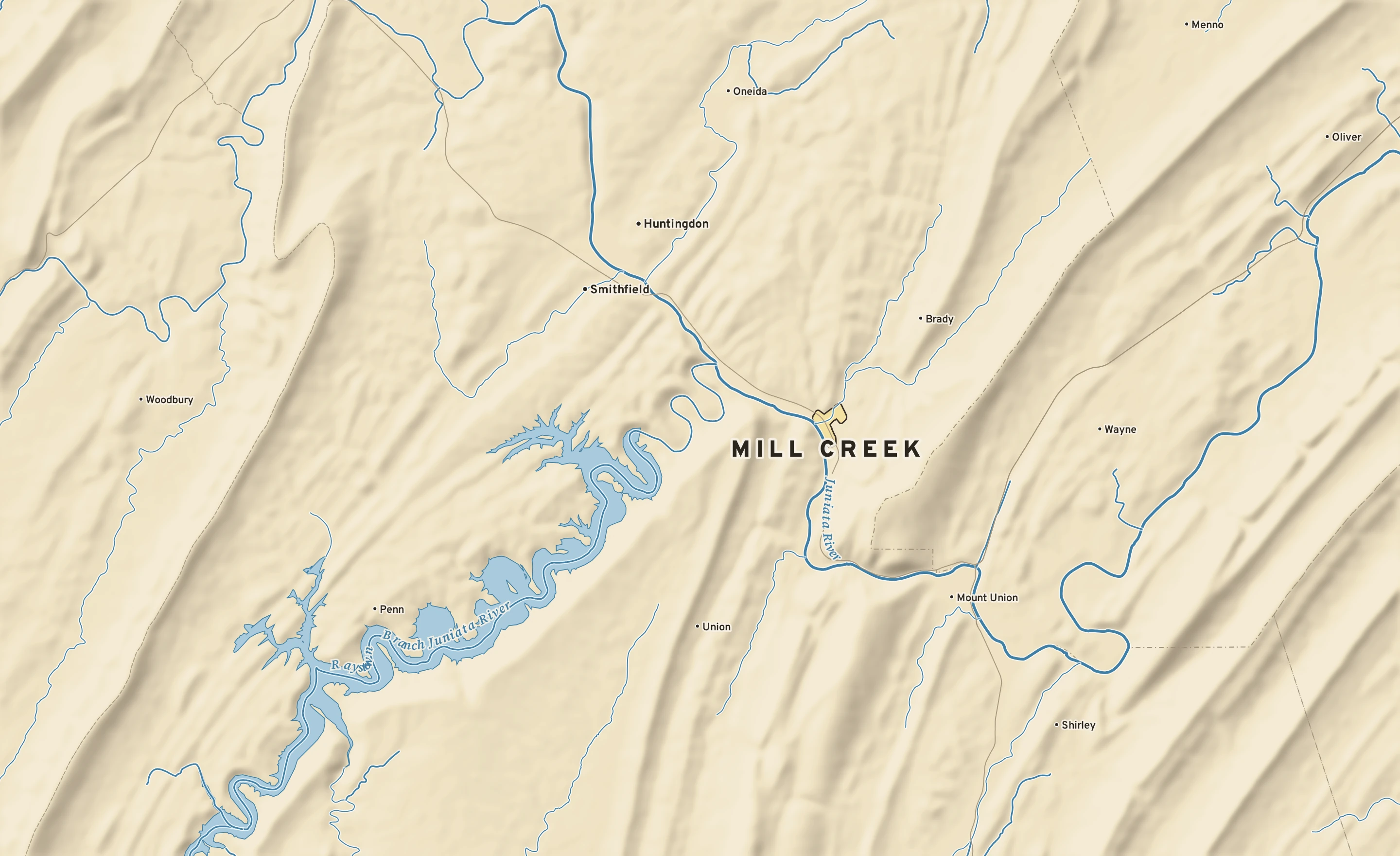 Shaded-relief atlas plate of Mill Creek, Pennsylvania: rivers, roads, the city limits and where the water drains.