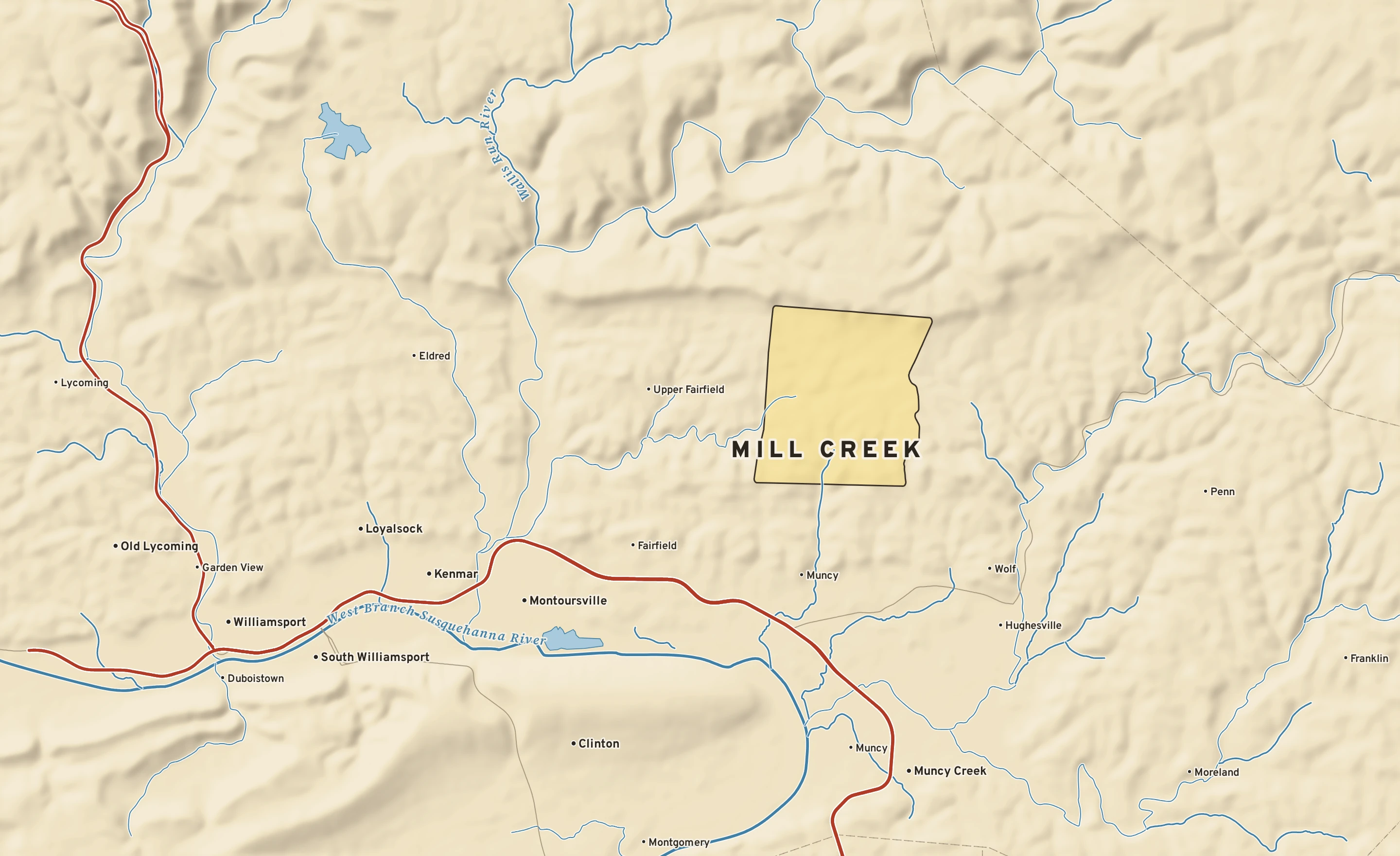 Shaded-relief atlas plate of Mill Creek, Pennsylvania: rivers, roads, the city limits and where the water drains.