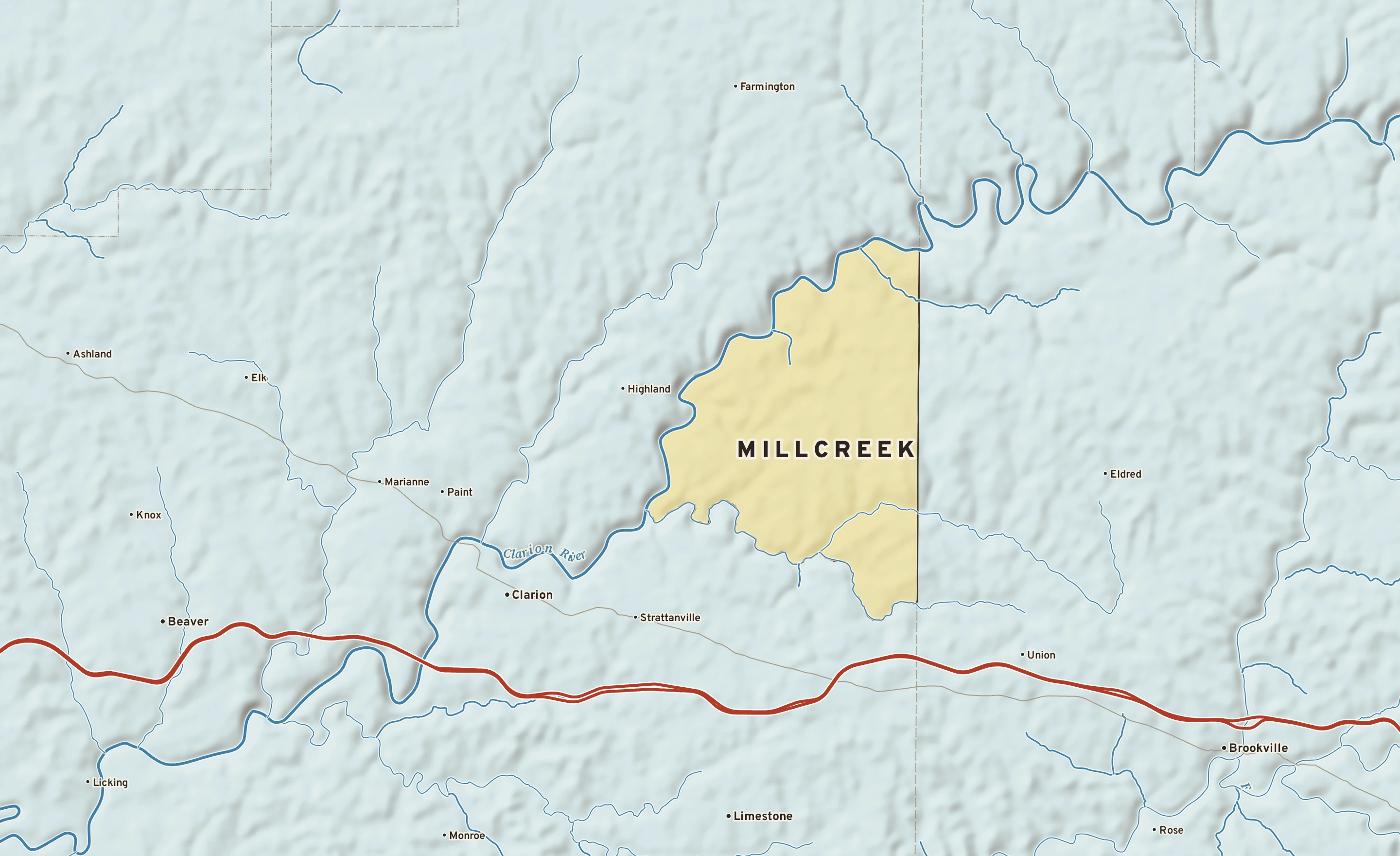 Shaded-relief atlas plate of Millcreek, Pennsylvania: rivers, roads, the city limits and where the water drains.