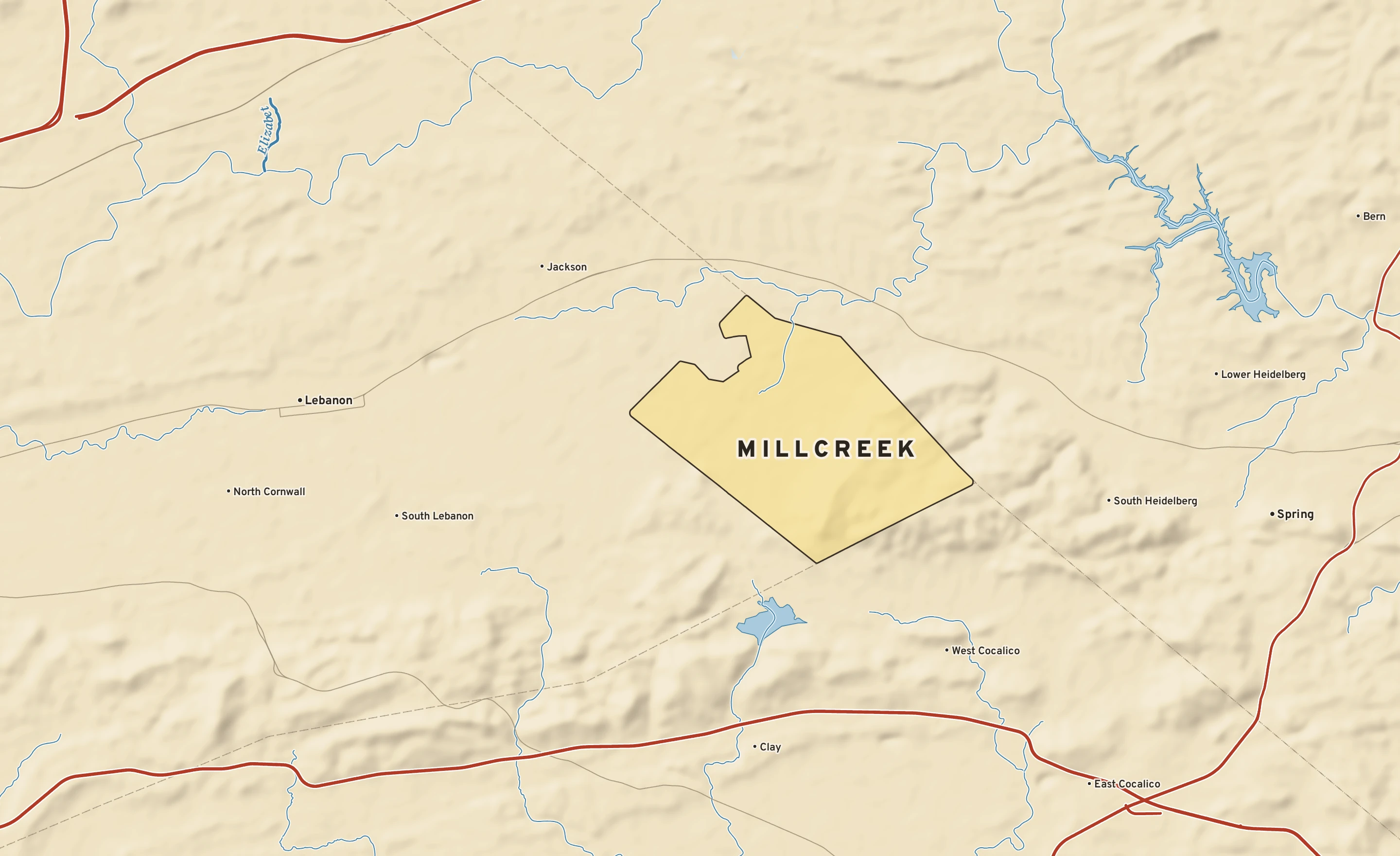 Shaded-relief atlas plate of Millcreek, Pennsylvania: rivers, roads, the city limits and where the water drains.