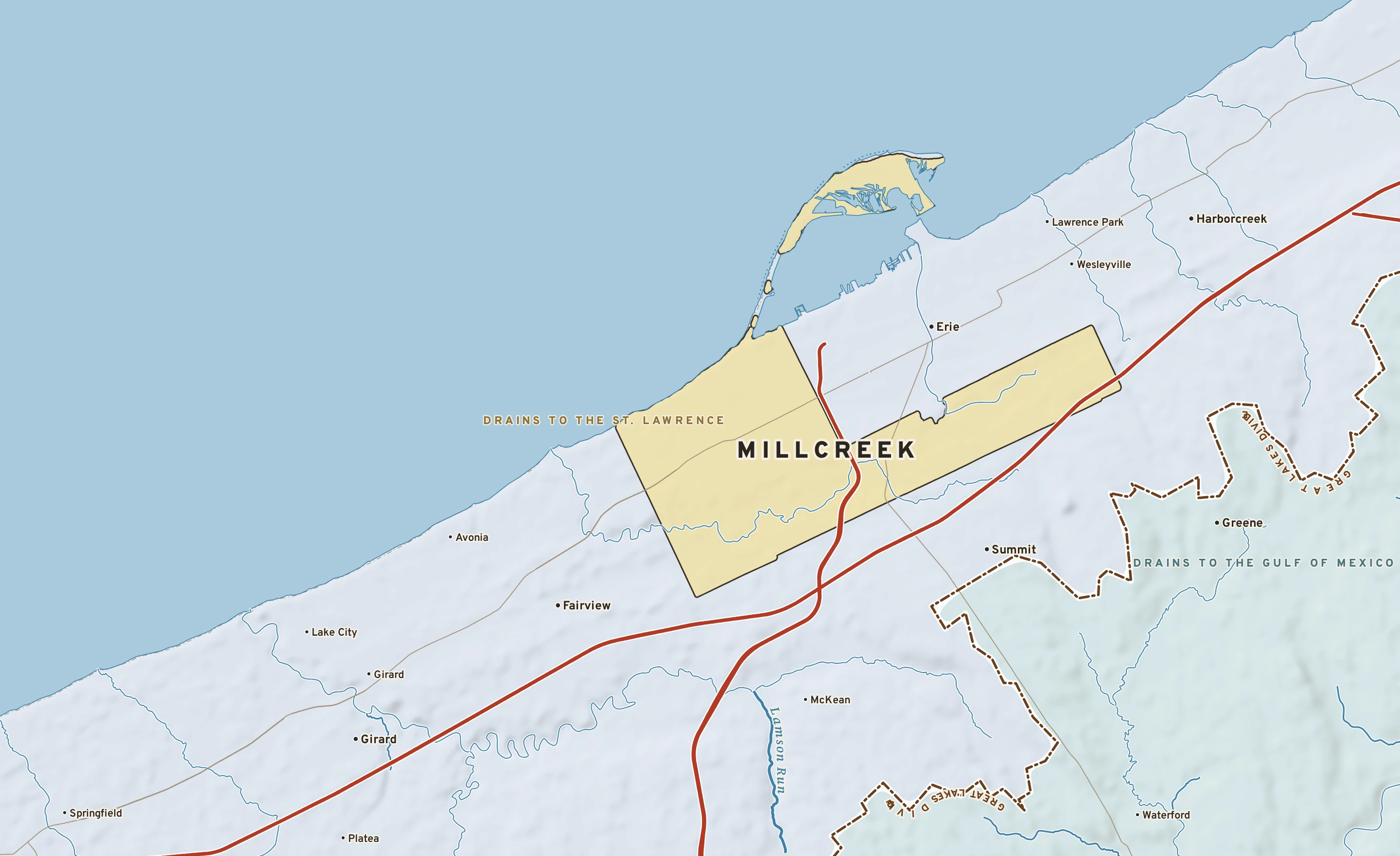 Shaded-relief atlas plate of Millcreek, Pennsylvania: rivers, roads, the city limits and where the water drains.