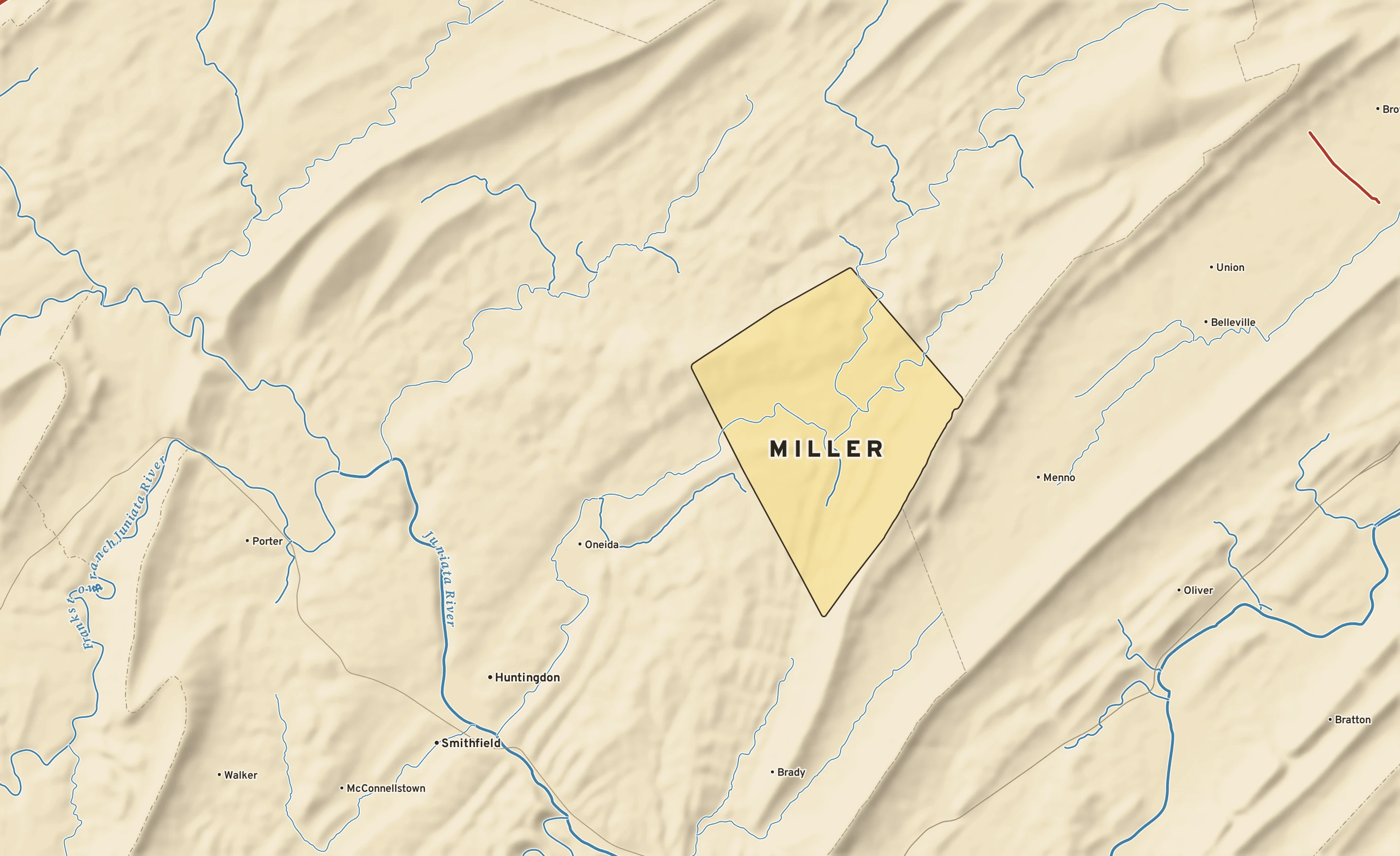 Shaded-relief atlas plate of Miller, Pennsylvania: rivers, roads, the city limits and where the water drains.