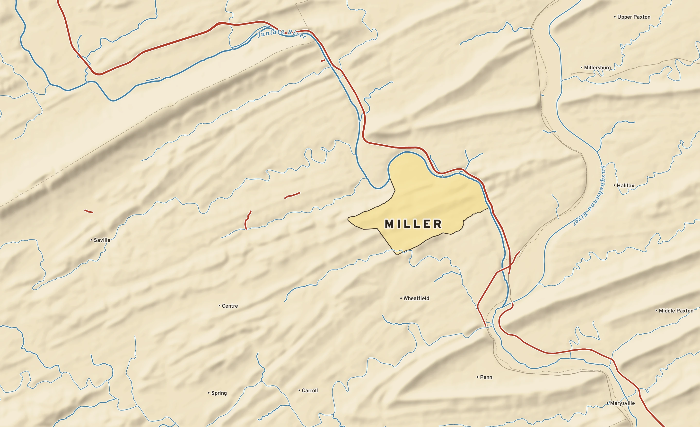 Shaded-relief atlas plate of Miller, Pennsylvania: rivers, roads, the city limits and where the water drains.