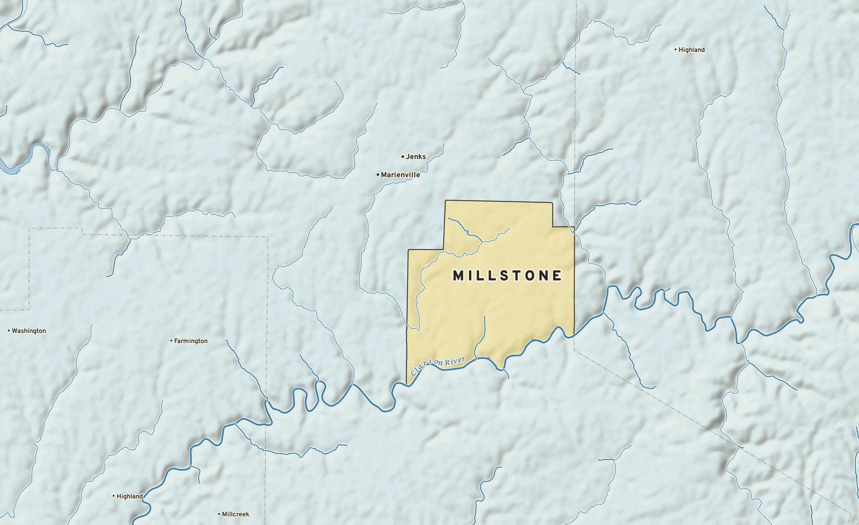 Shaded-relief atlas plate of Millstone, Pennsylvania: rivers, roads, the city limits and where the water drains.