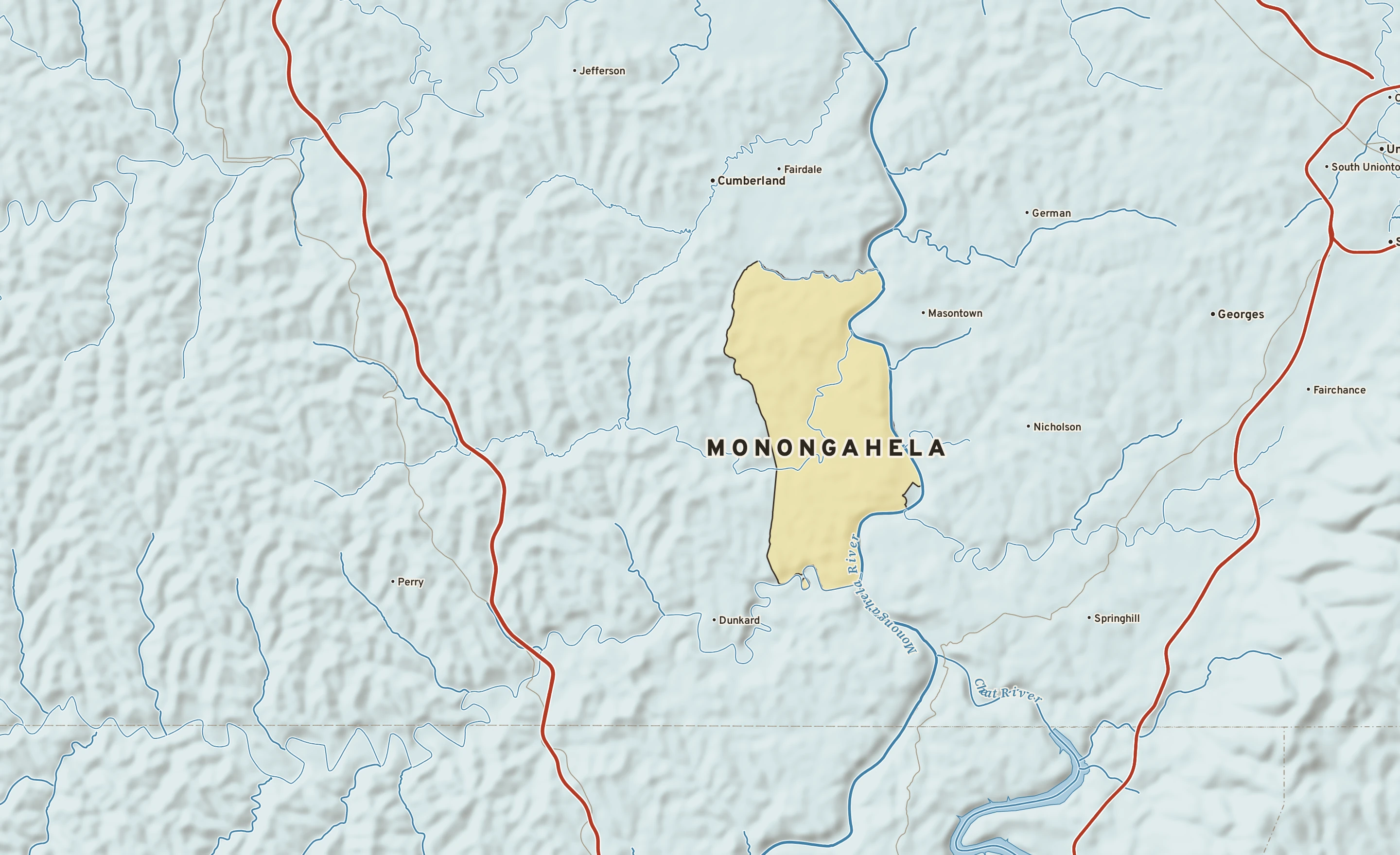 Shaded-relief atlas plate of Monongahela, Pennsylvania: rivers, roads, the city limits and where the water drains.
