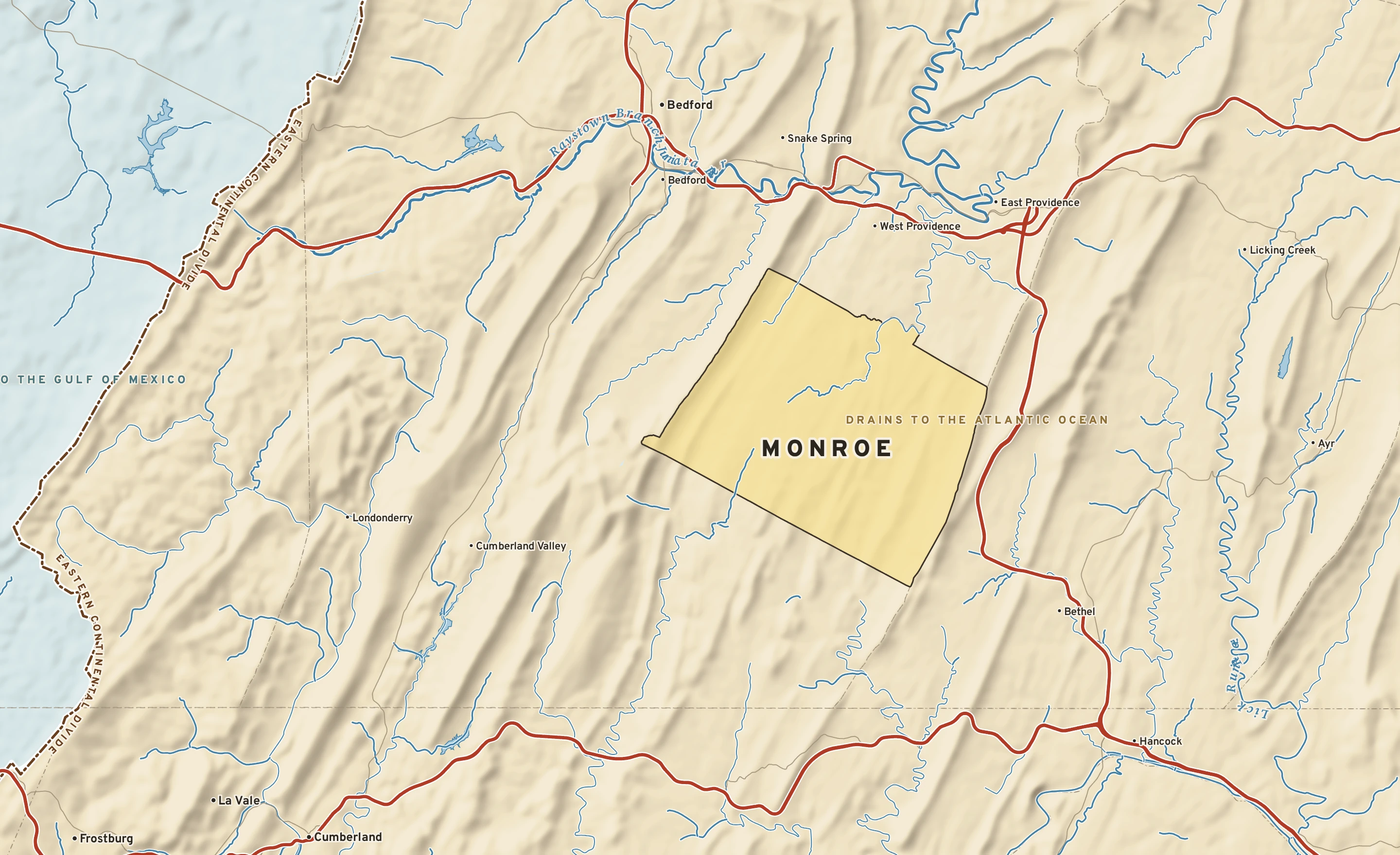 Shaded-relief atlas plate of Monroe, Pennsylvania: rivers, roads, the city limits and where the water drains.