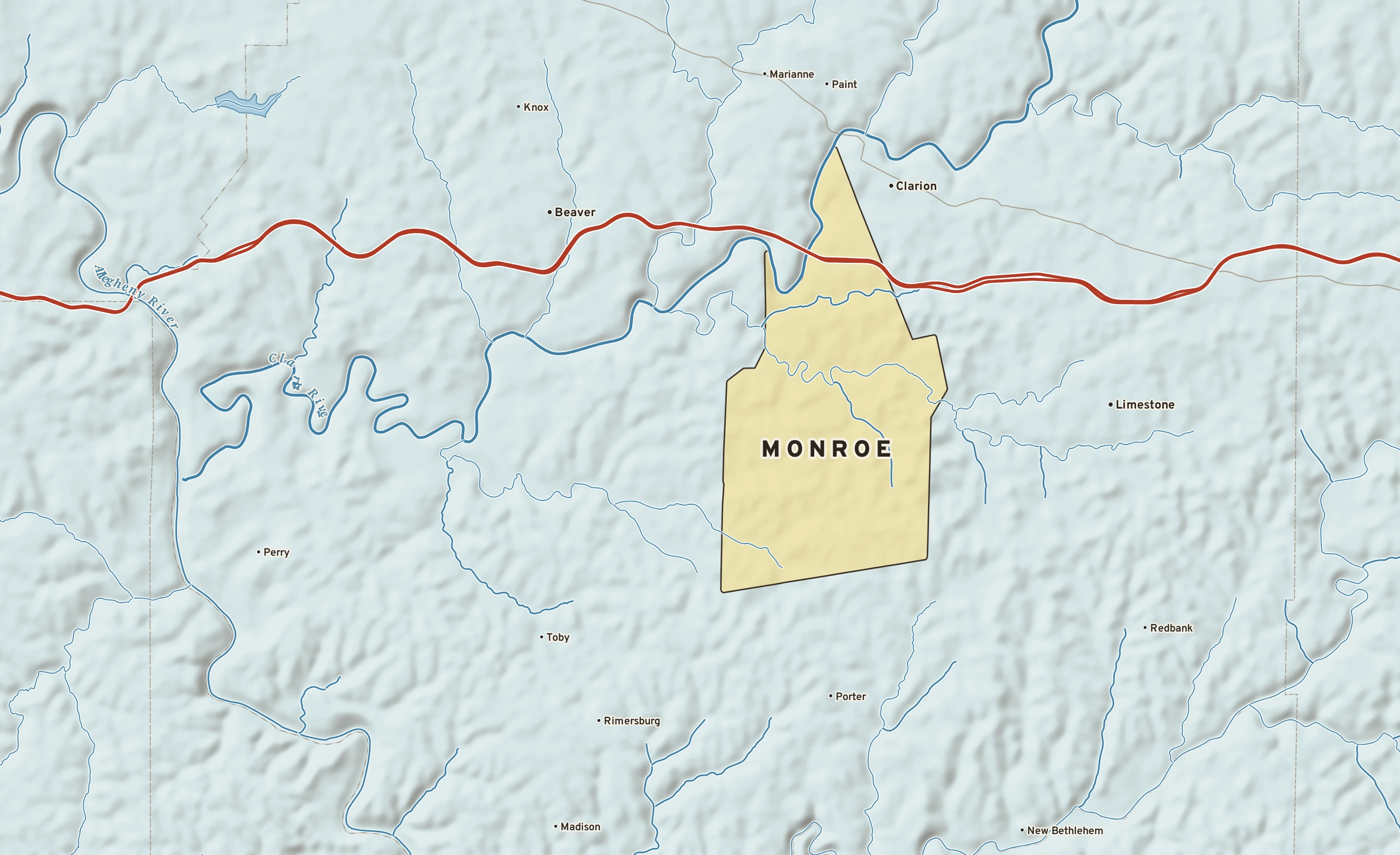 Shaded-relief atlas plate of Monroe, Pennsylvania: rivers, roads, the city limits and where the water drains.