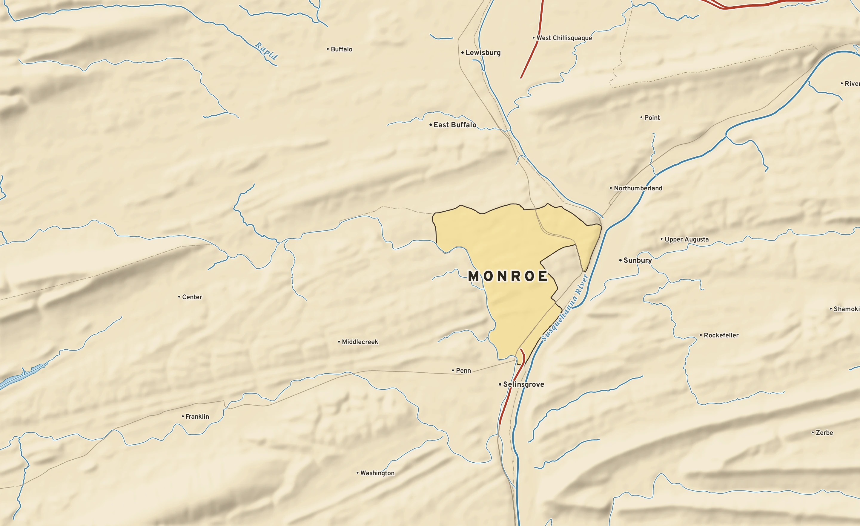 Shaded-relief atlas plate of Monroe, Pennsylvania: rivers, roads, the city limits and where the water drains.
