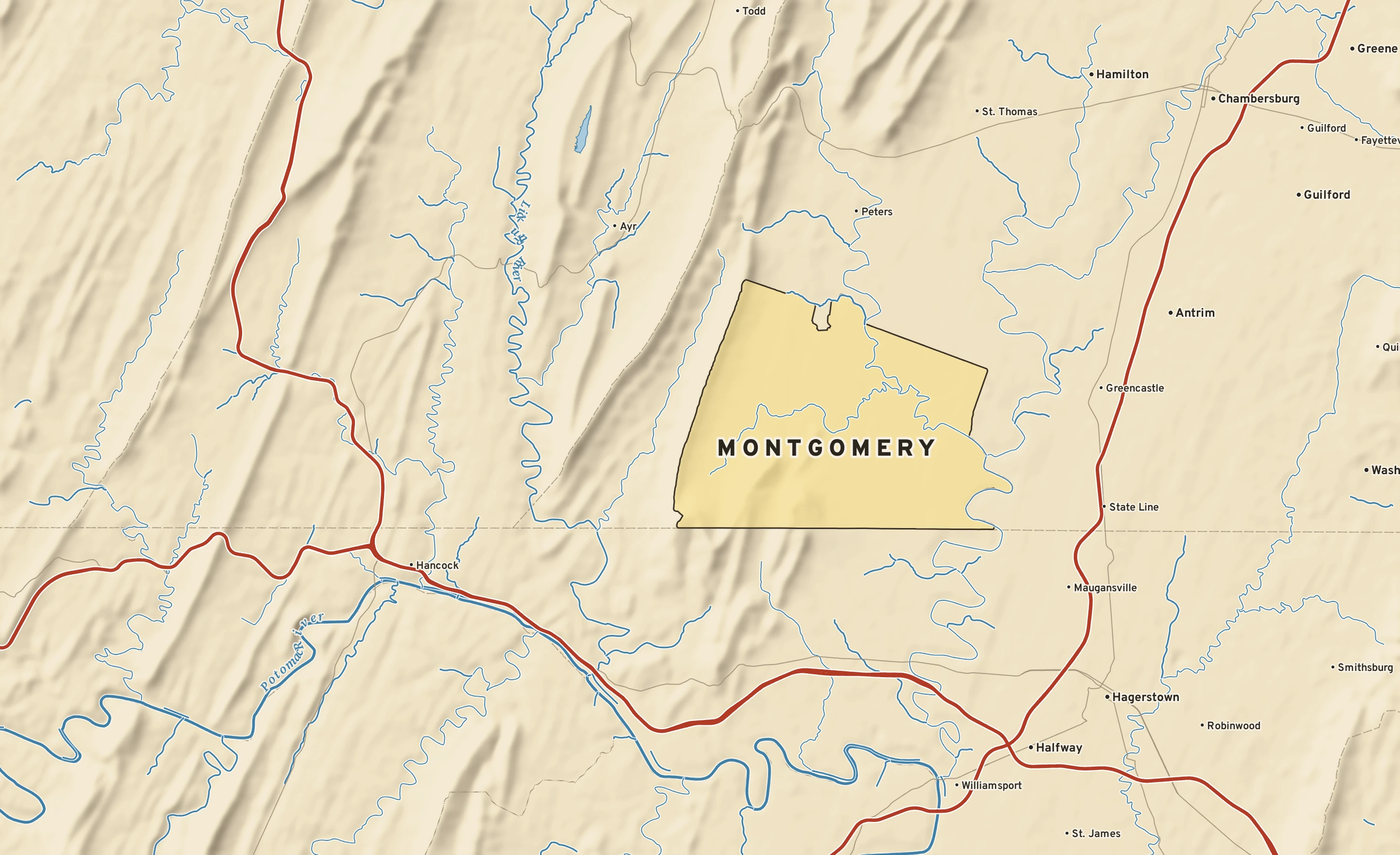 Shaded-relief atlas plate of Montgomery, Pennsylvania: rivers, roads, the city limits and where the water drains.