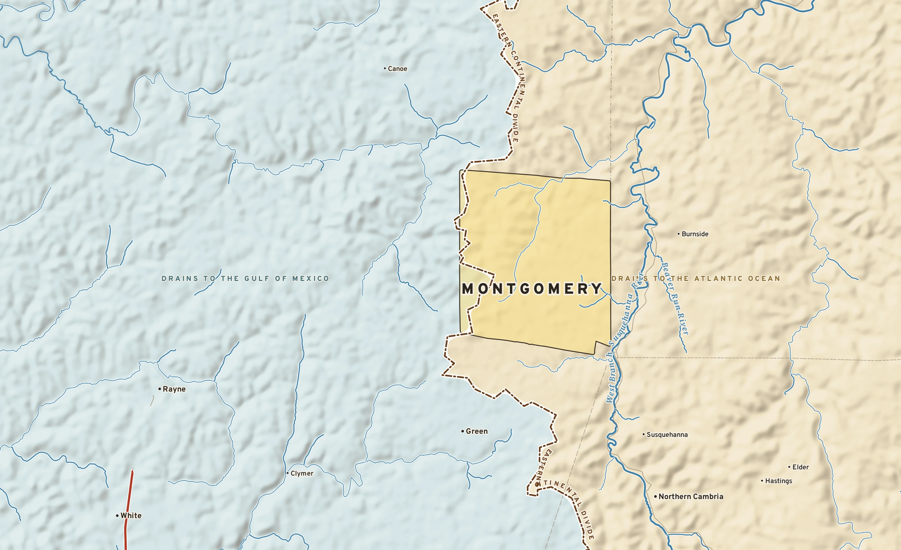 Shaded-relief atlas plate of Montgomery, Pennsylvania: rivers, roads, the city limits and where the water drains.