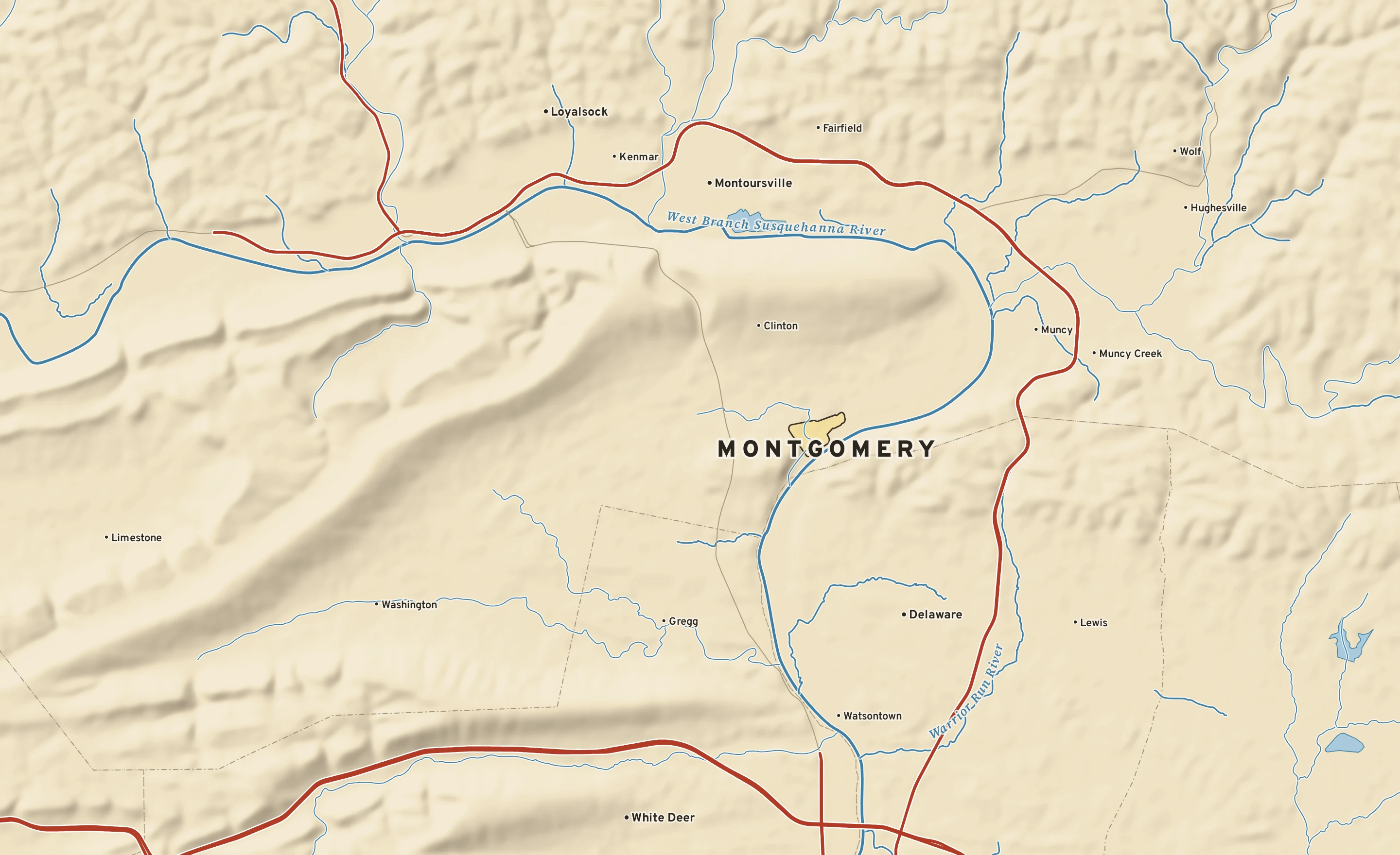 Shaded-relief atlas plate of Montgomery, Pennsylvania: rivers, roads, the city limits and where the water drains.