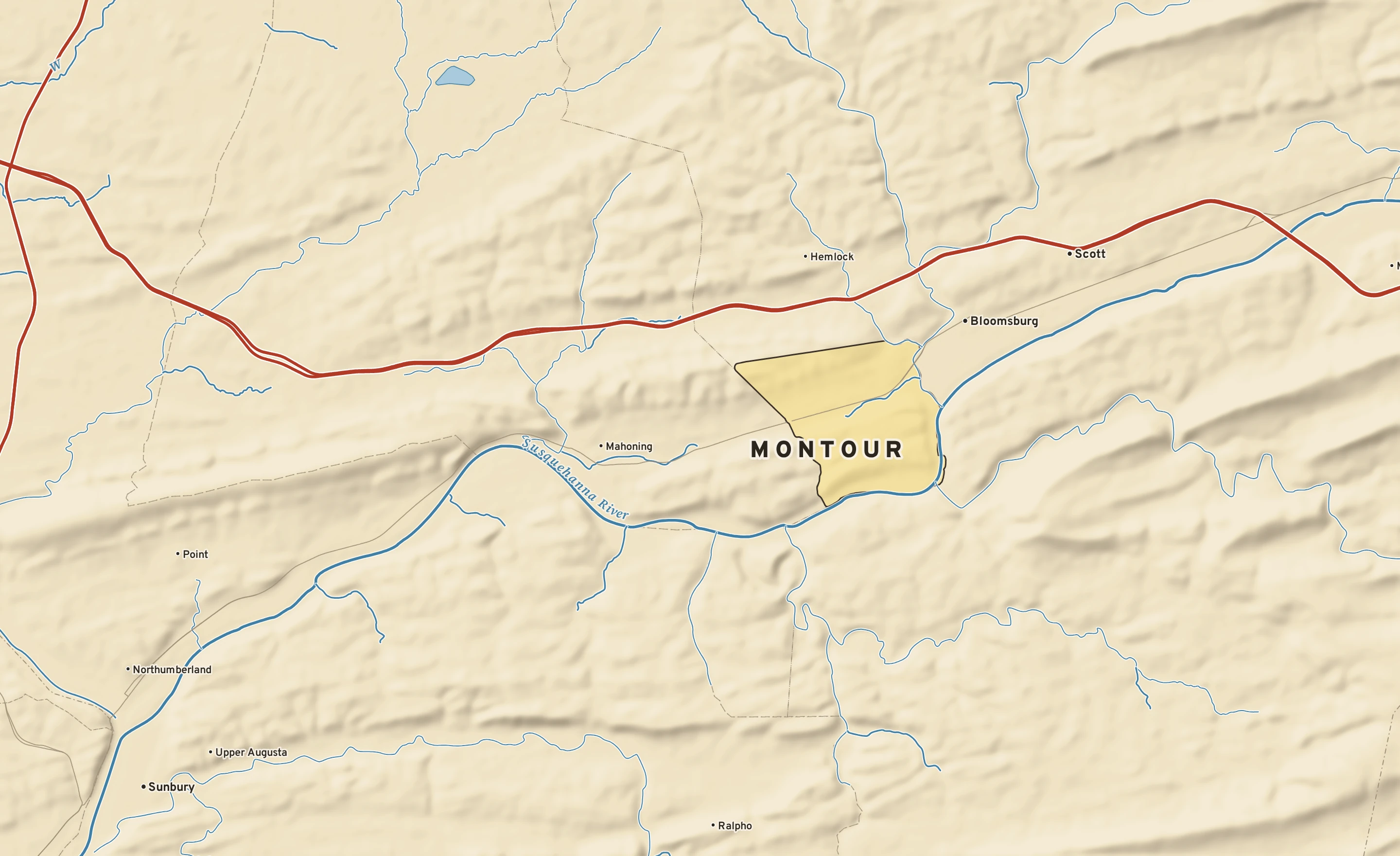 Shaded-relief atlas plate of Montour, Pennsylvania: rivers, roads, the city limits and where the water drains.
