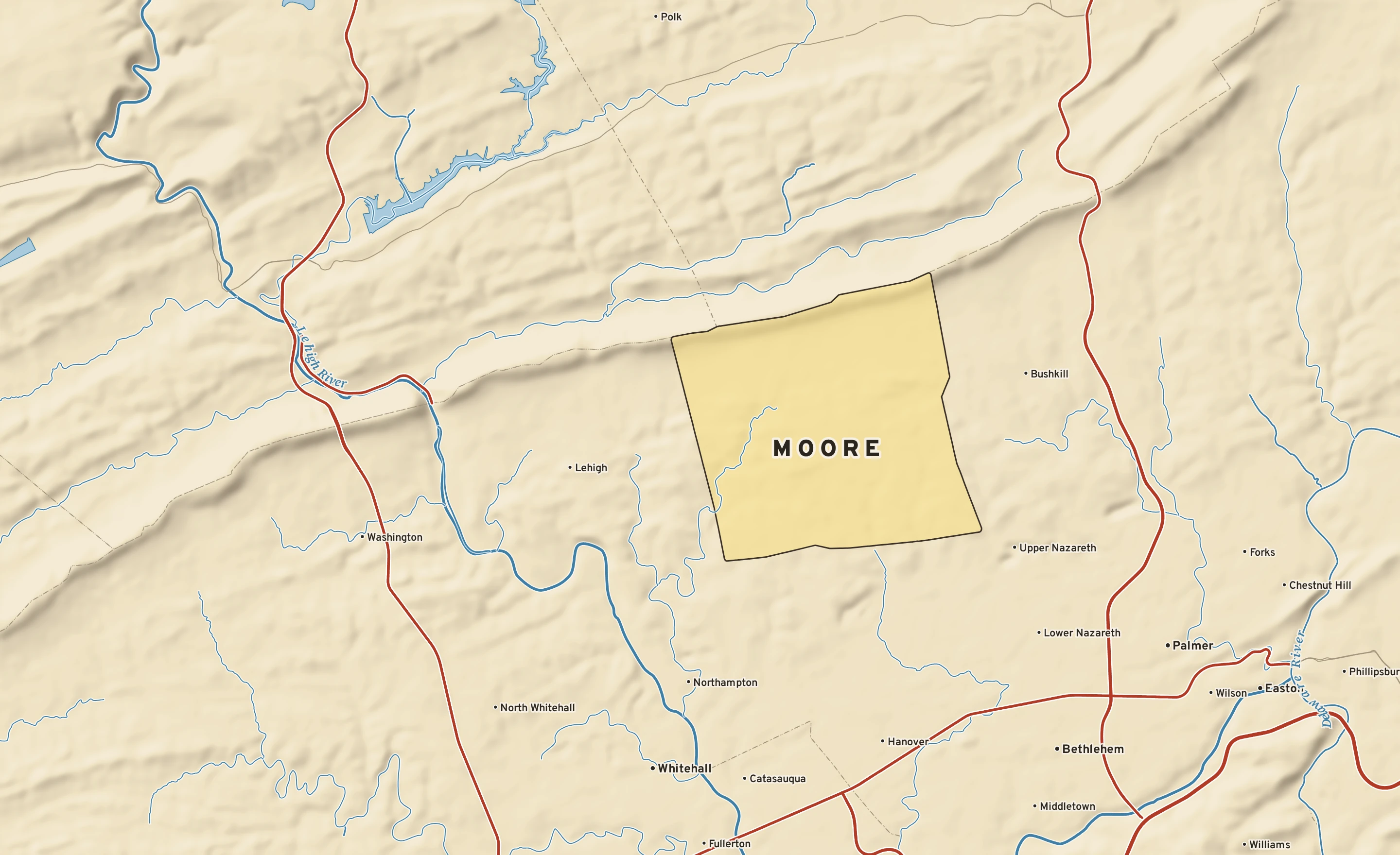 Shaded-relief atlas plate of Moore, Pennsylvania: rivers, roads, the city limits and where the water drains.