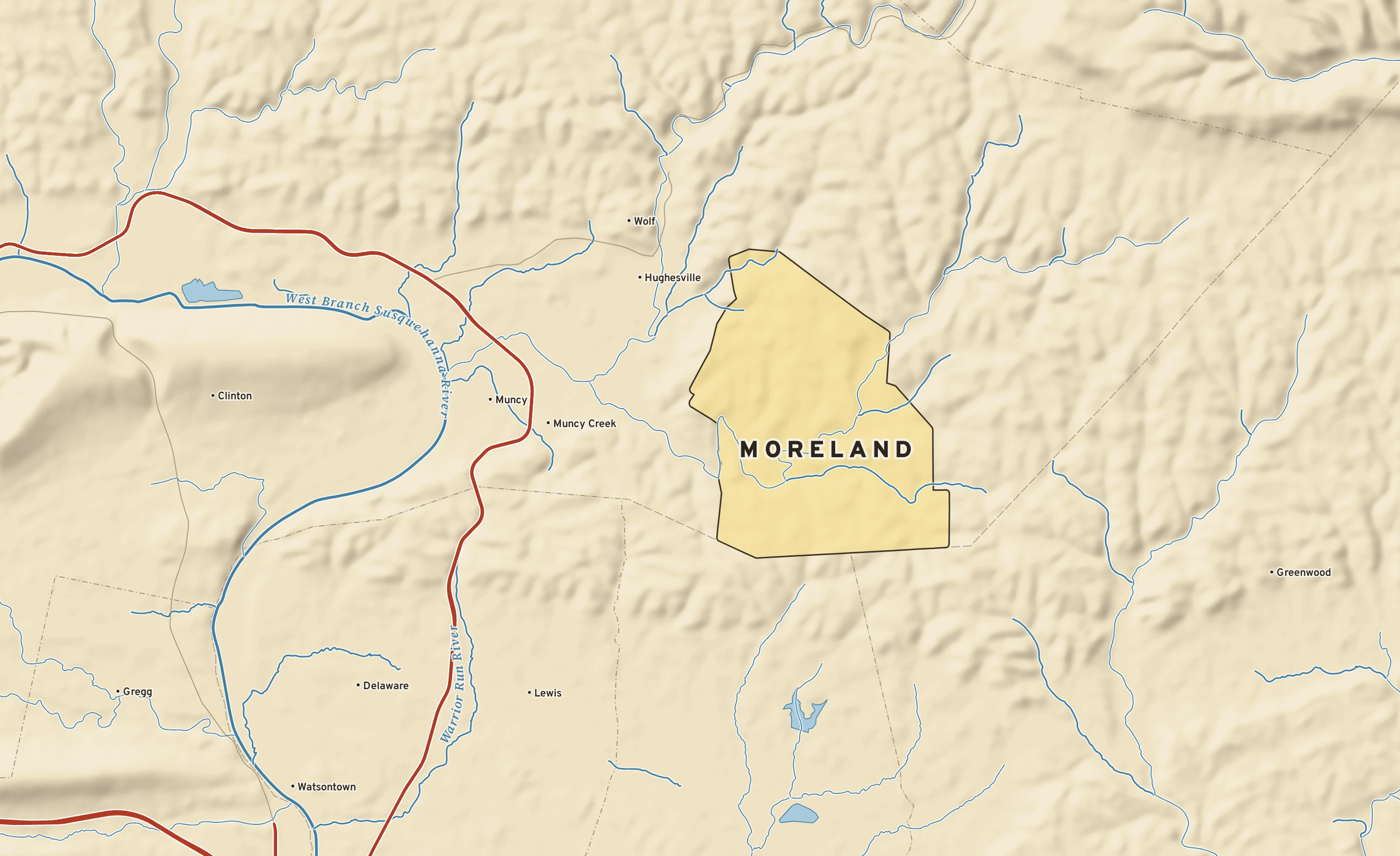 Shaded-relief atlas plate of Moreland, Pennsylvania: rivers, roads, the city limits and where the water drains.