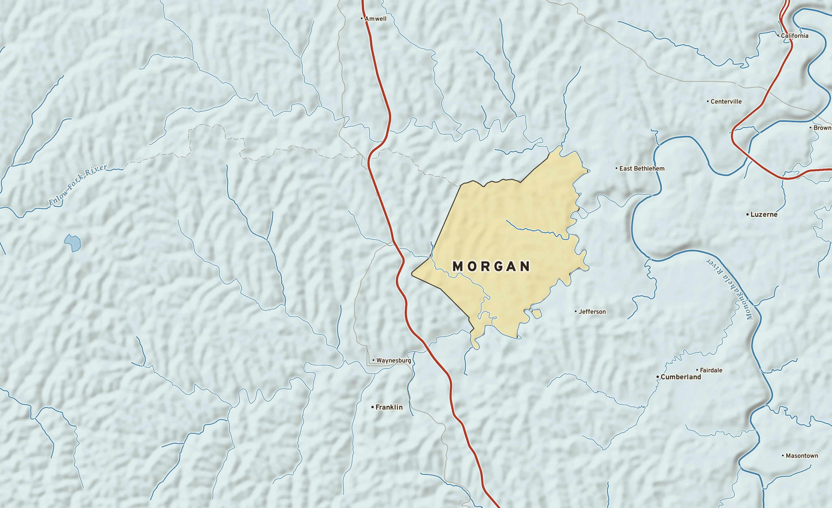 Shaded-relief atlas plate of Morgan, Pennsylvania: rivers, roads, the city limits and where the water drains.