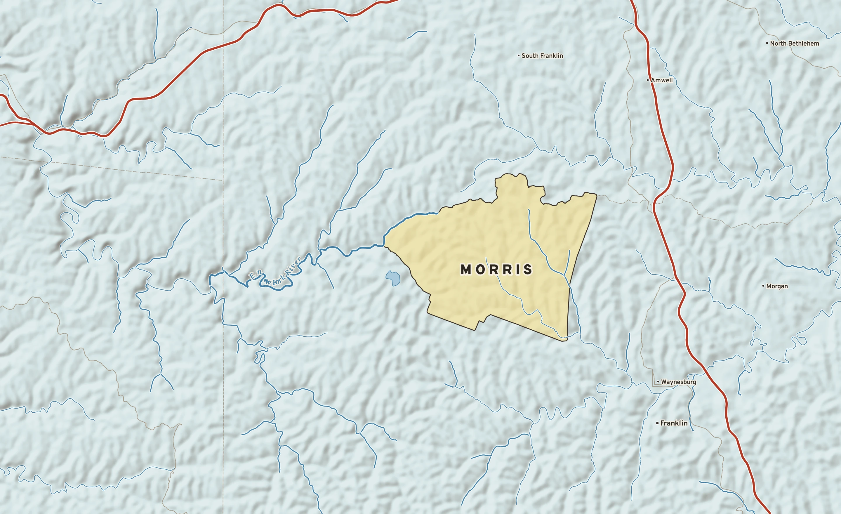 Shaded-relief atlas plate of Morris, Pennsylvania: rivers, roads, the city limits and where the water drains.