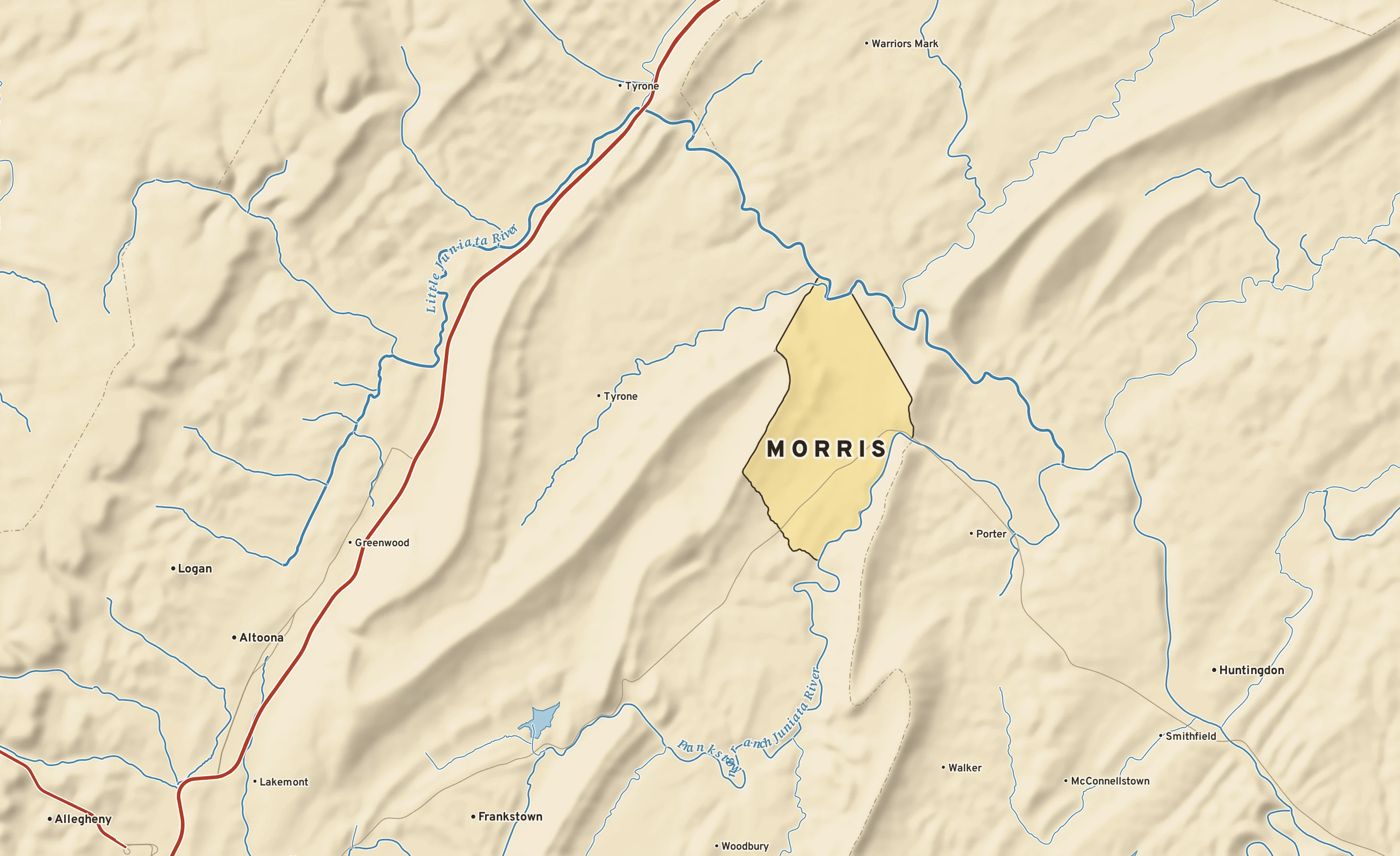Shaded-relief atlas plate of Morris, Pennsylvania: rivers, roads, the city limits and where the water drains.
