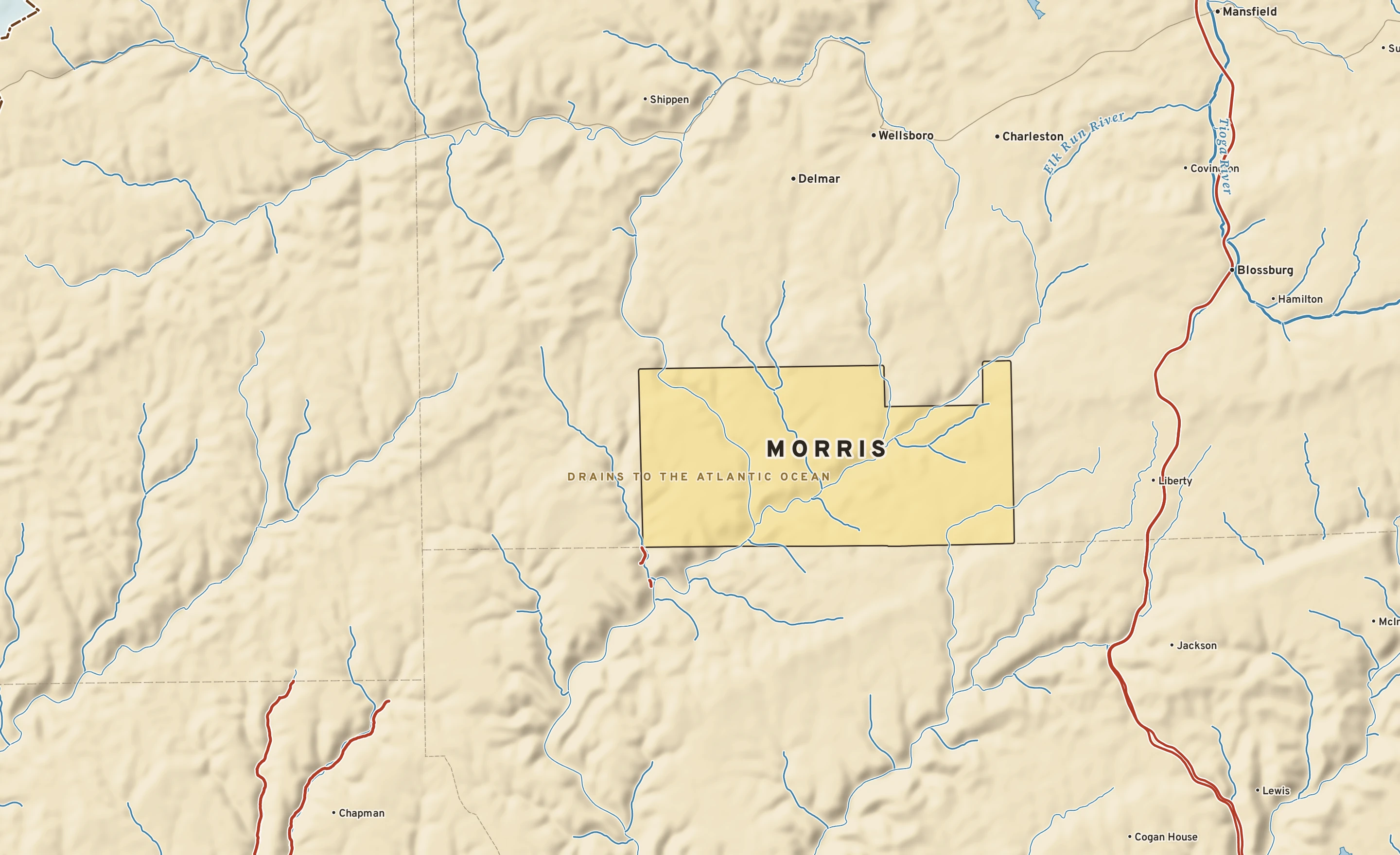 Shaded-relief atlas plate of Morris, Pennsylvania: rivers, roads, the city limits and where the water drains.