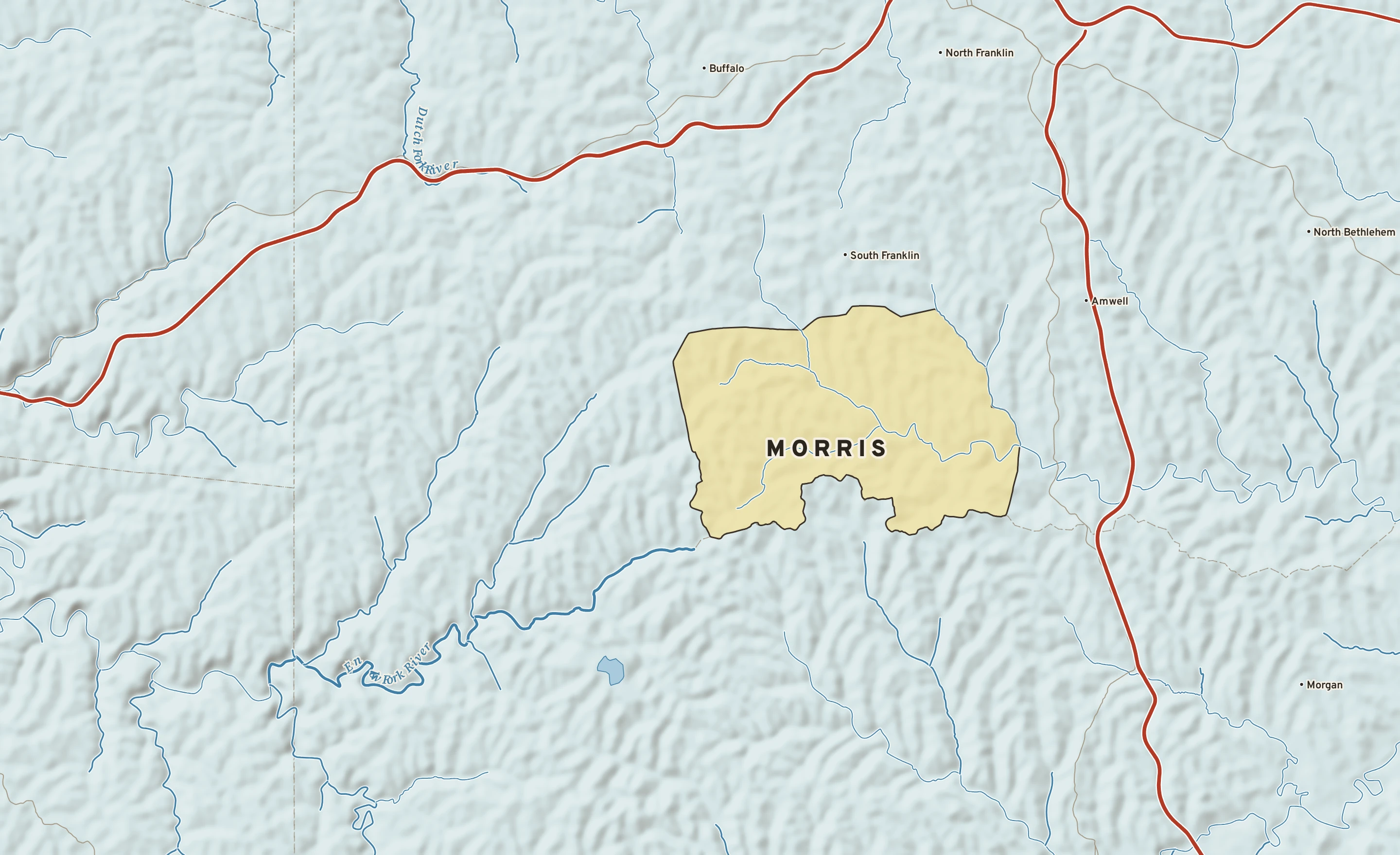 Shaded-relief atlas plate of Morris, Pennsylvania: rivers, roads, the city limits and where the water drains.