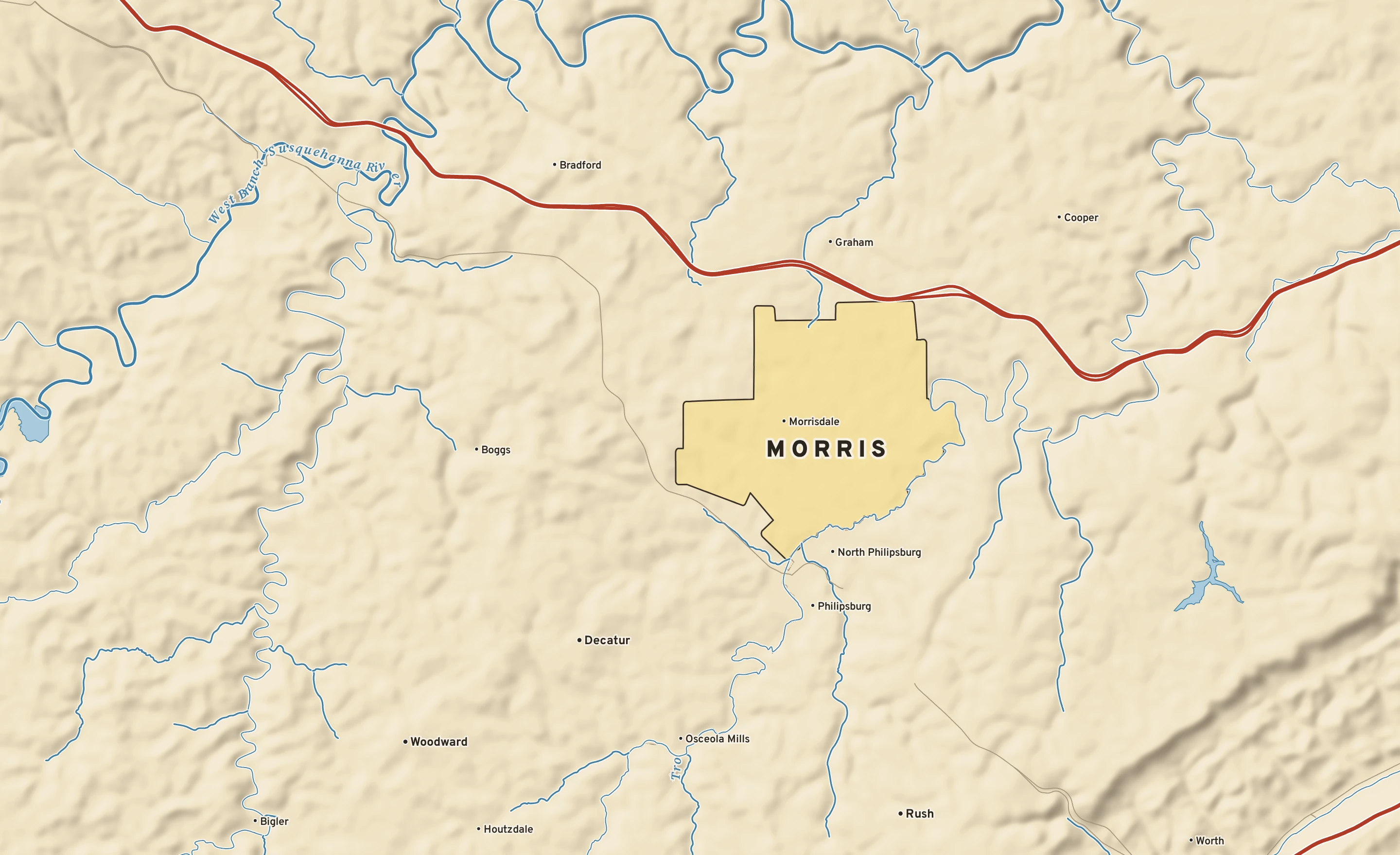 Shaded-relief atlas plate of Morris, Pennsylvania: rivers, roads, the city limits and where the water drains.