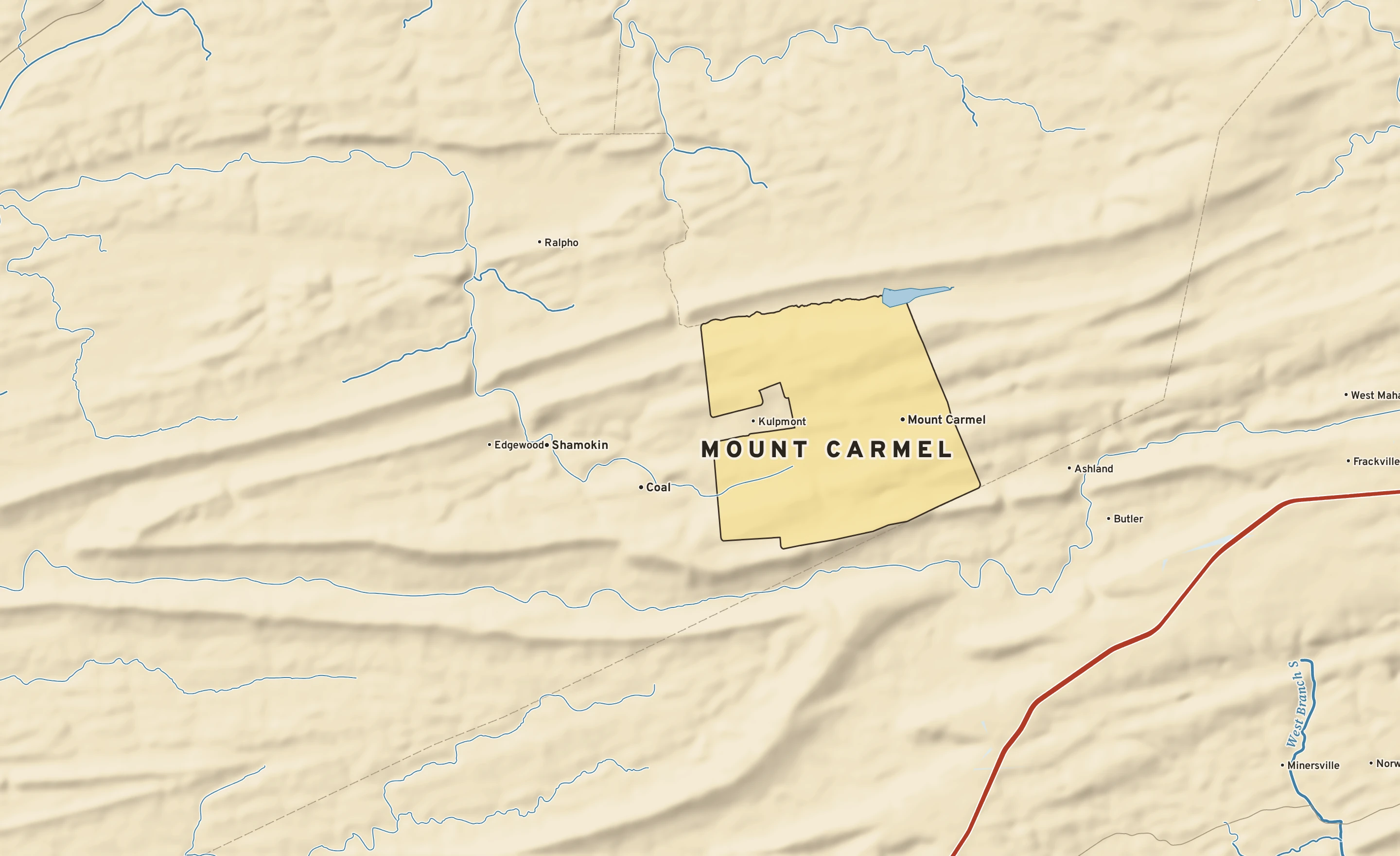 Shaded-relief atlas plate of Mount Carmel, Pennsylvania: rivers, roads, the city limits and where the water drains.