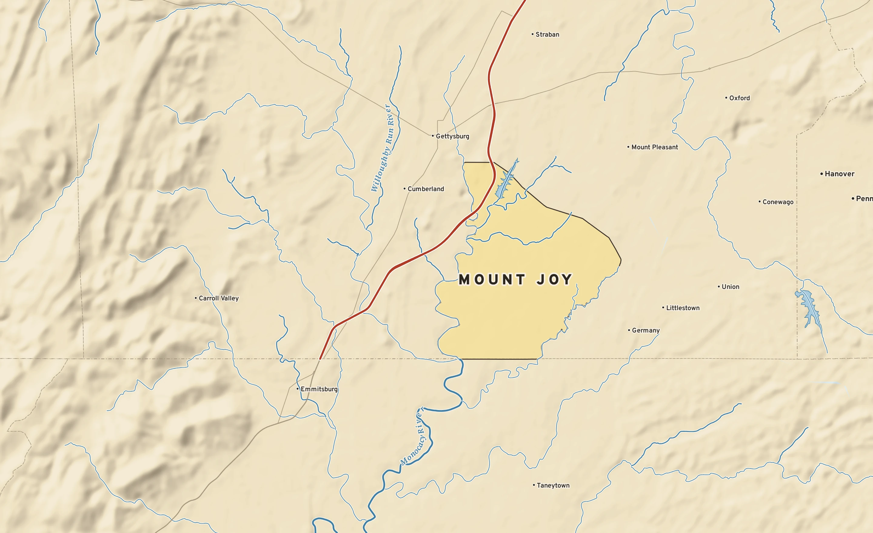 Shaded-relief atlas plate of Mount Joy, Pennsylvania: rivers, roads, the city limits and where the water drains.