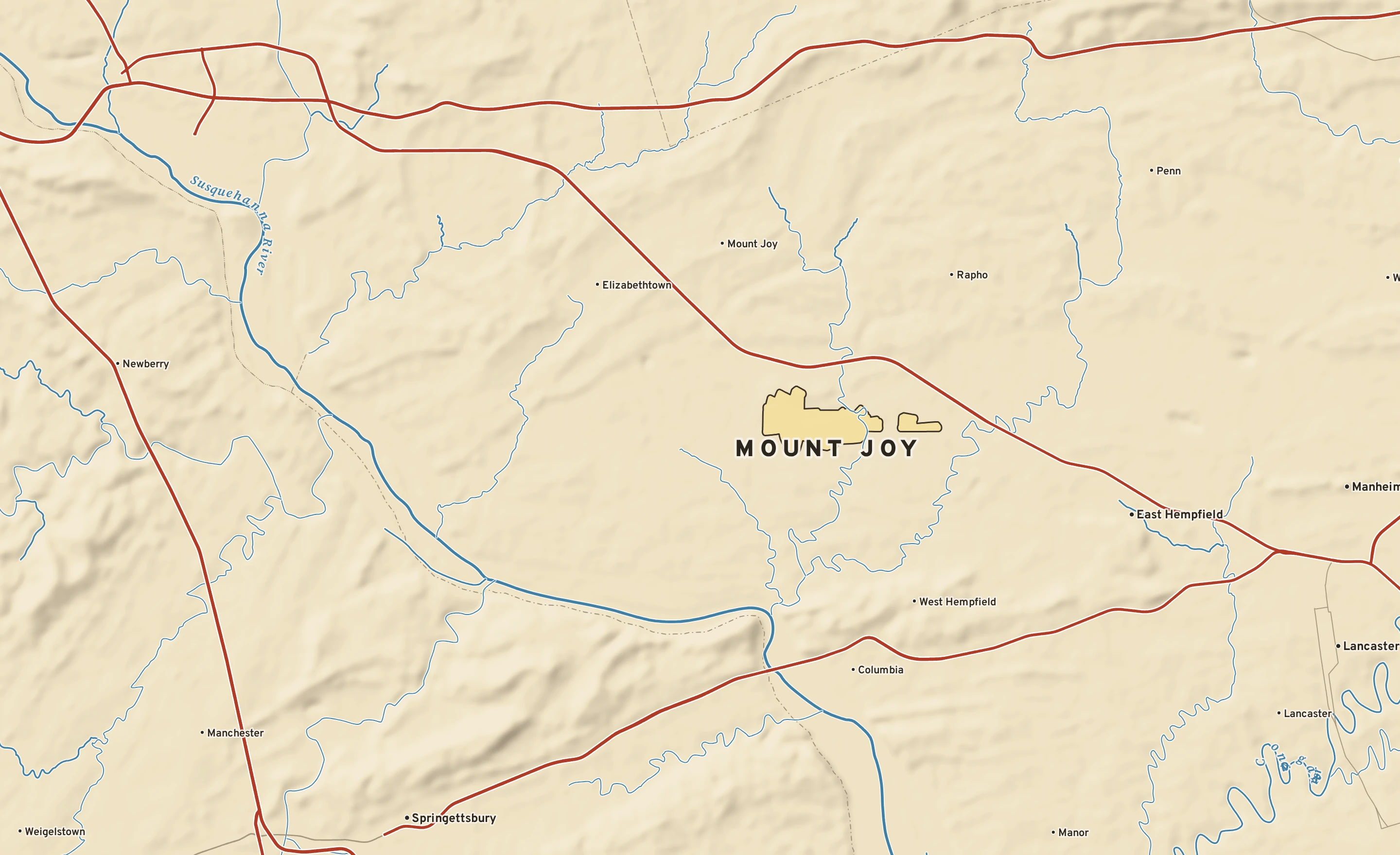 Shaded-relief atlas plate of Mount Joy, Pennsylvania: rivers, roads, the city limits and where the water drains.