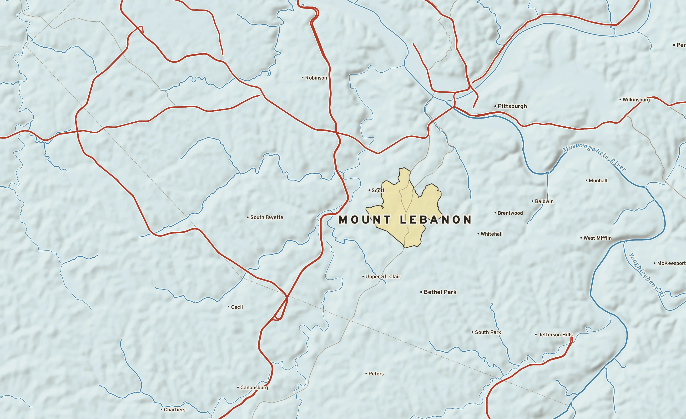 Shaded-relief atlas plate of Mount Lebanon, Pennsylvania: rivers, roads, the city limits and where the water drains.