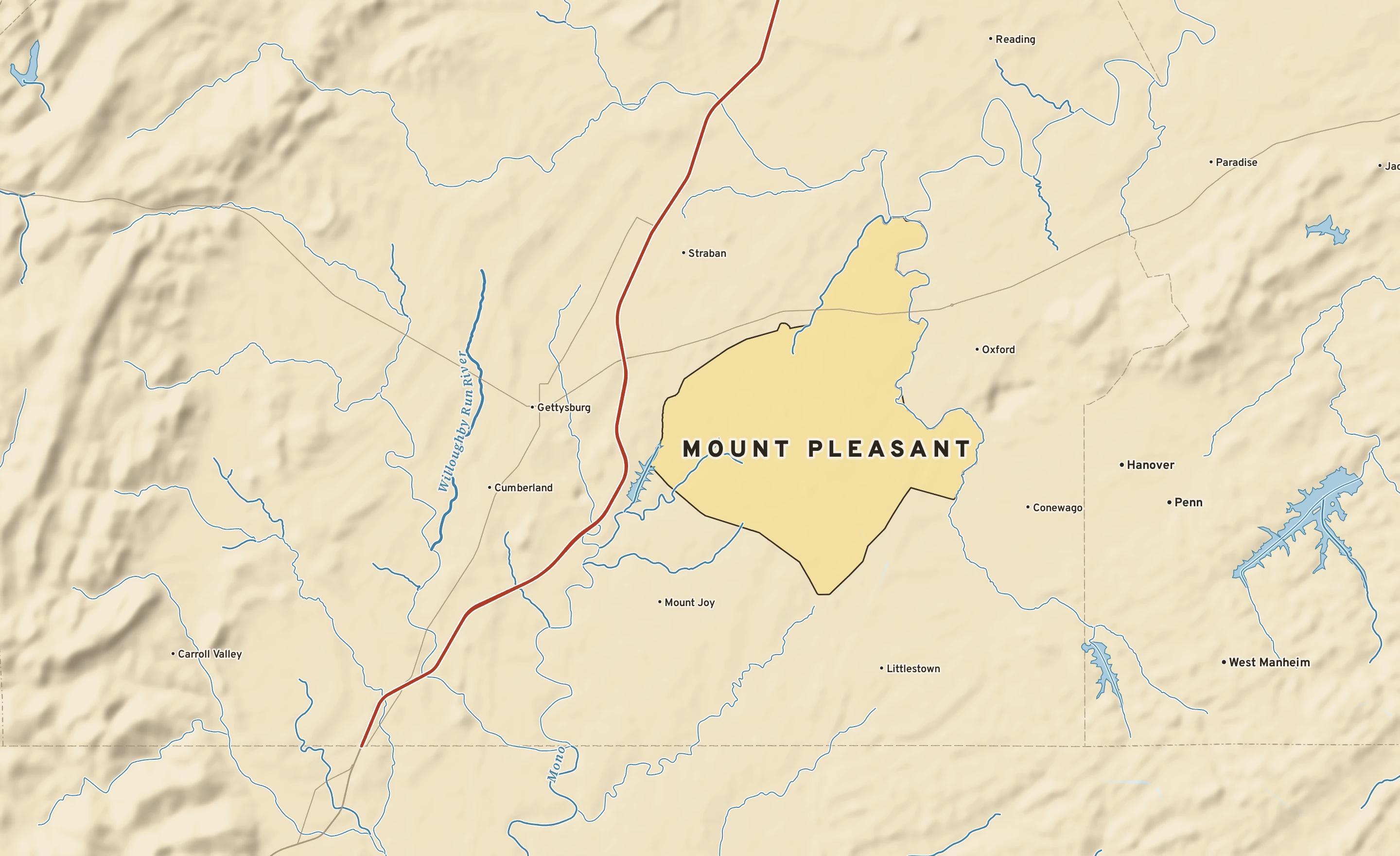 Shaded-relief atlas plate of Mount Pleasant, Pennsylvania: rivers, roads, the city limits and where the water drains.
