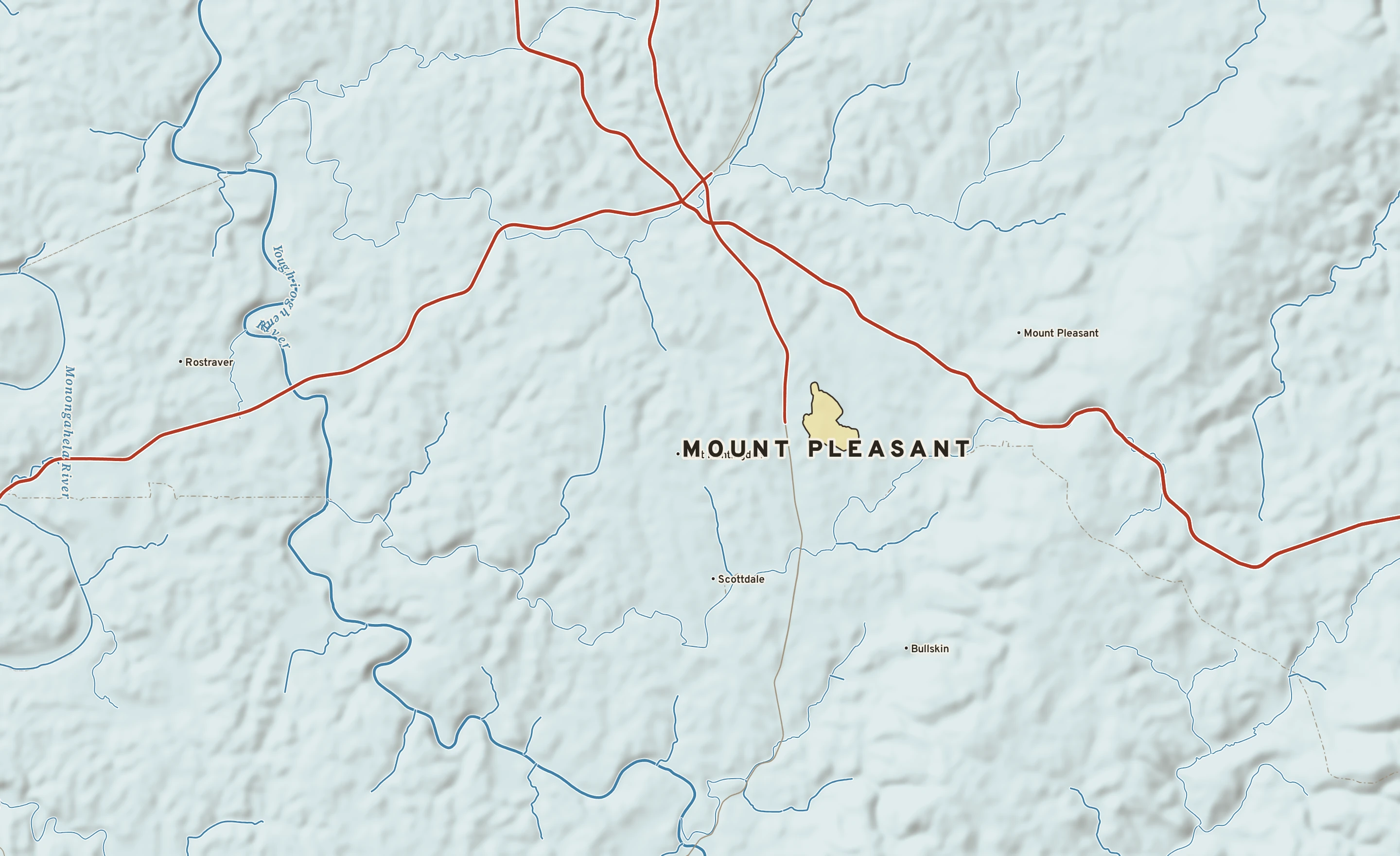 Shaded-relief atlas plate of Mount Pleasant, Pennsylvania: rivers, roads, the city limits and where the water drains.