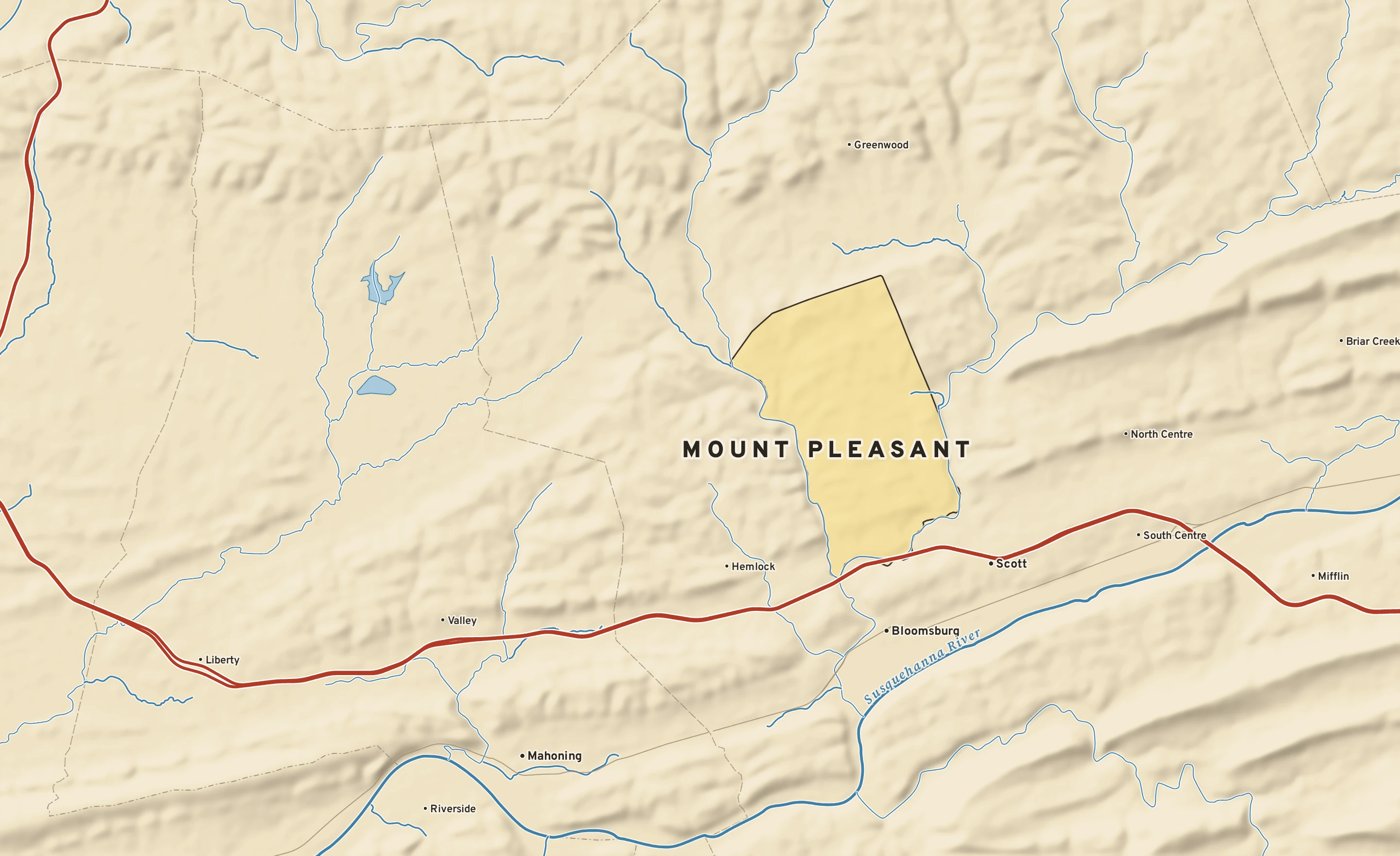 Shaded-relief atlas plate of Mount Pleasant, Pennsylvania: rivers, roads, the city limits and where the water drains.