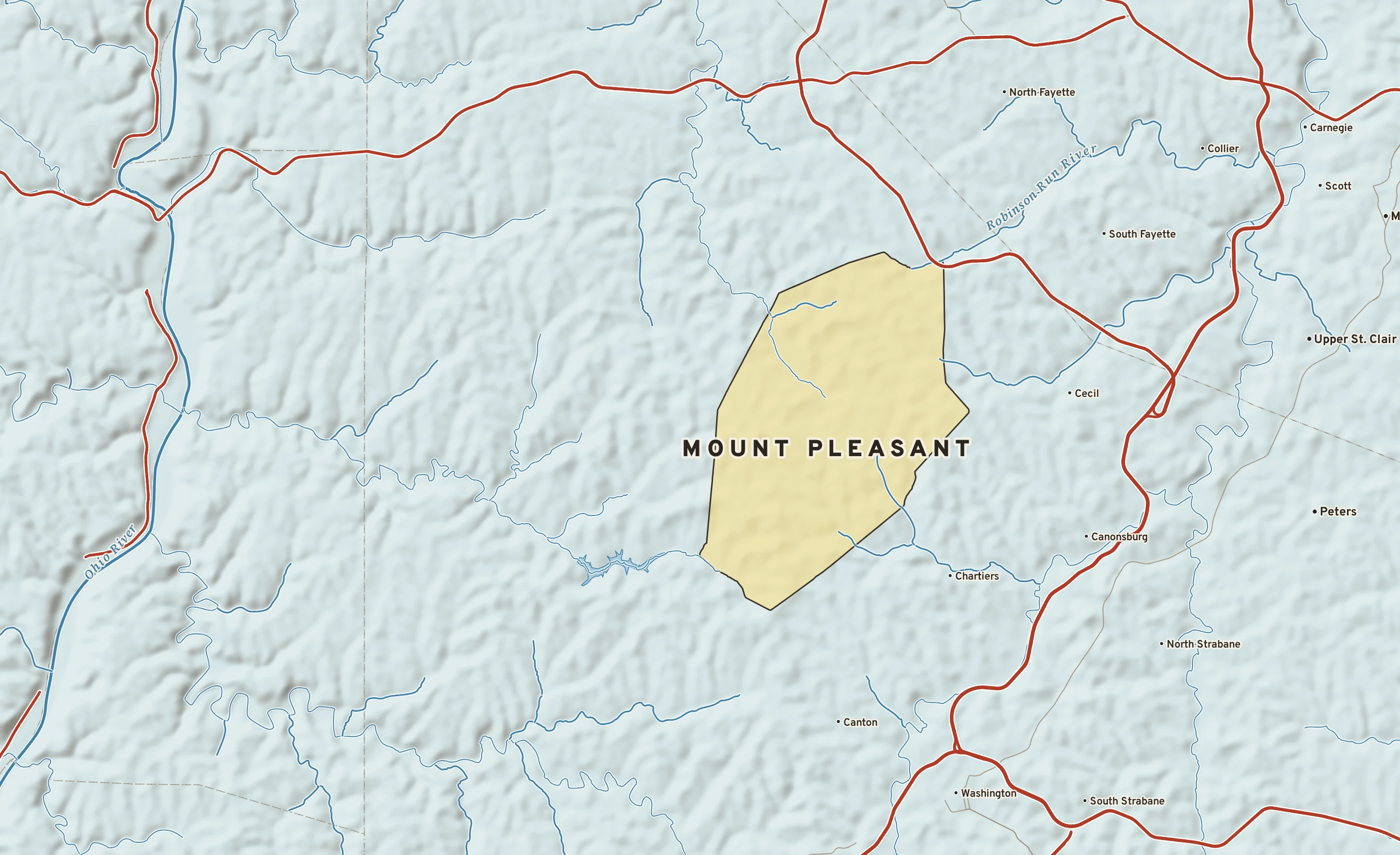 Shaded-relief atlas plate of Mount Pleasant, Pennsylvania: rivers, roads, the city limits and where the water drains.