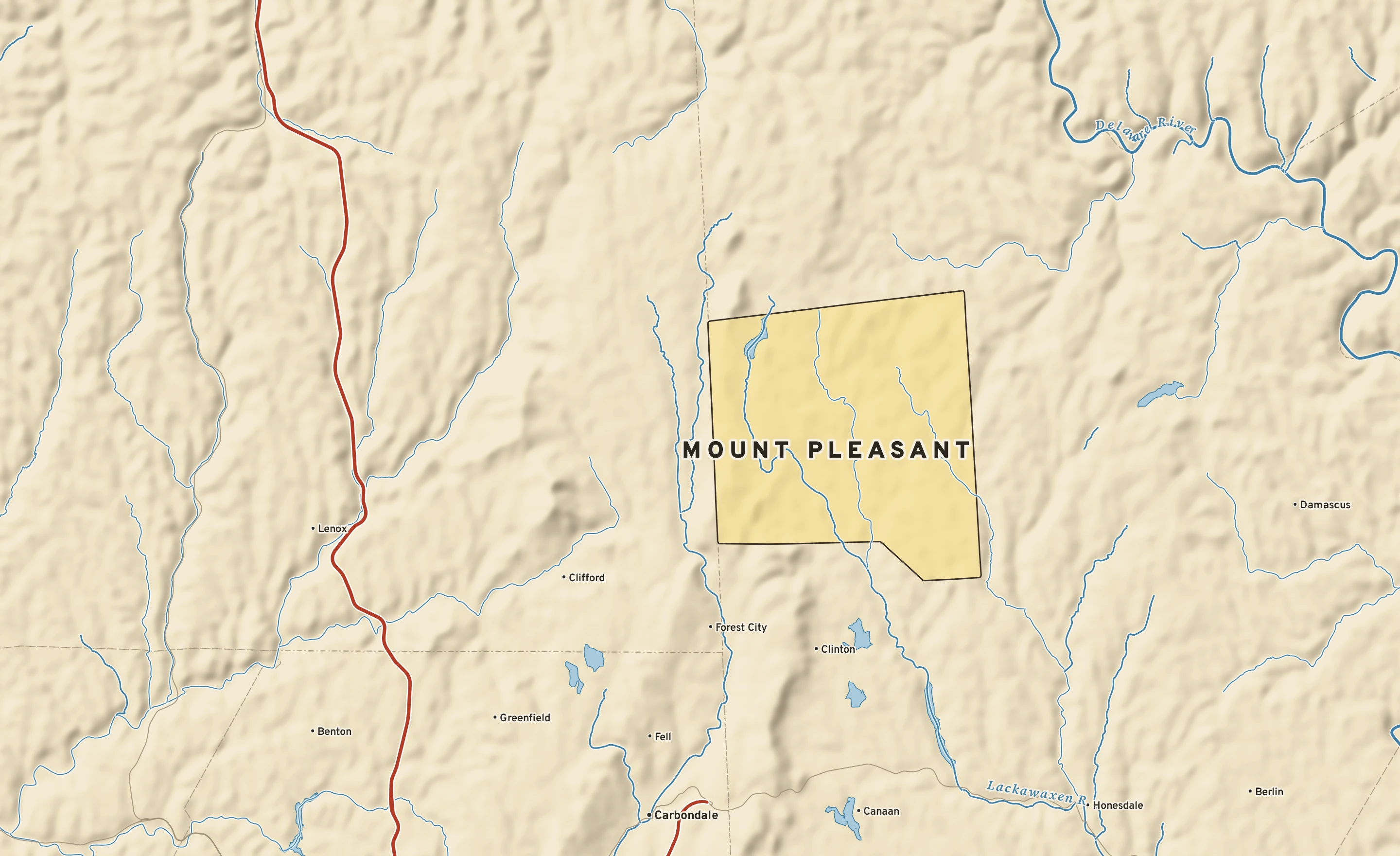 Shaded-relief atlas plate of Mount Pleasant, Pennsylvania: rivers, roads, the city limits and where the water drains.