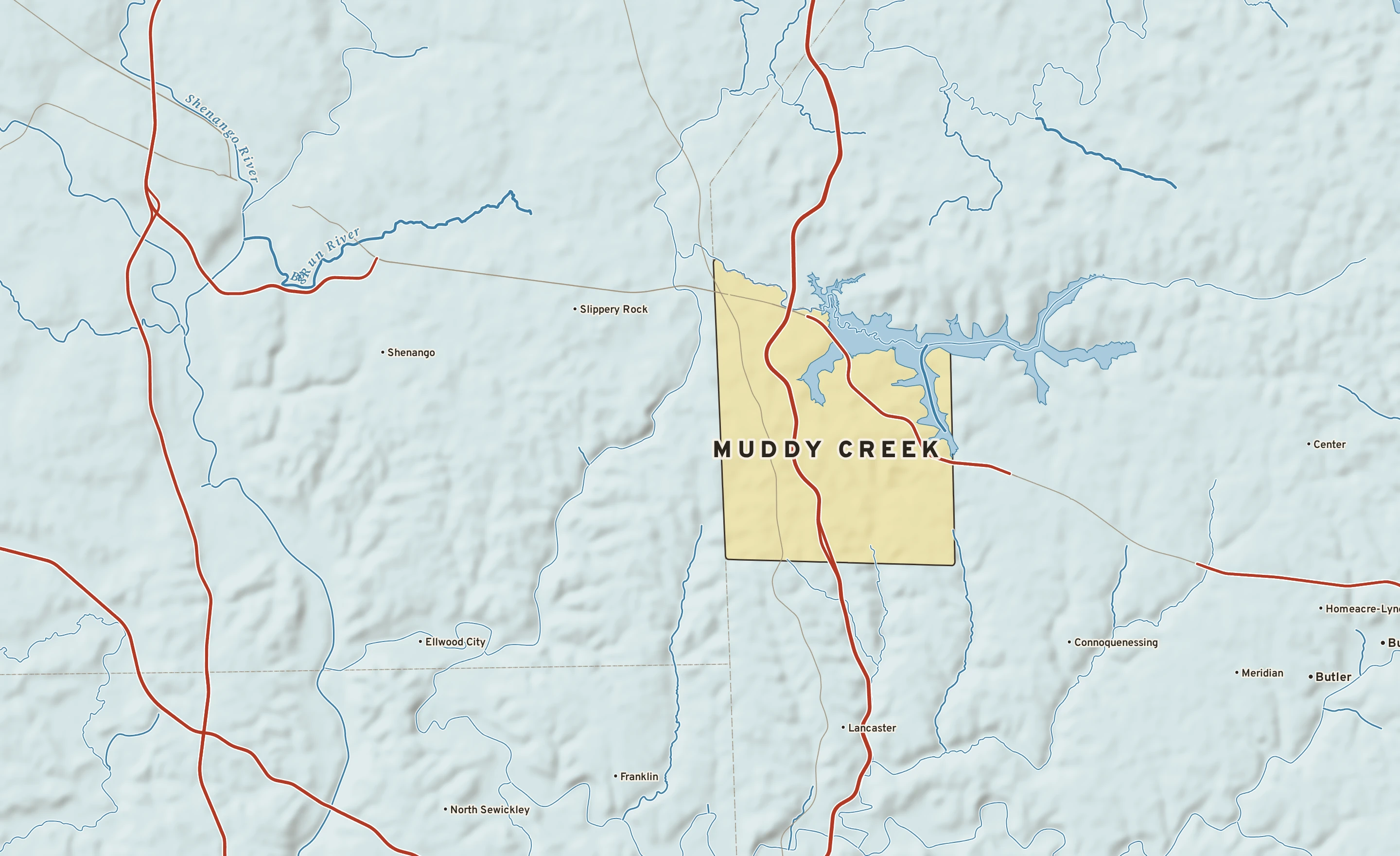 Shaded-relief atlas plate of Muddy Creek, Pennsylvania: rivers, roads, the city limits and where the water drains.