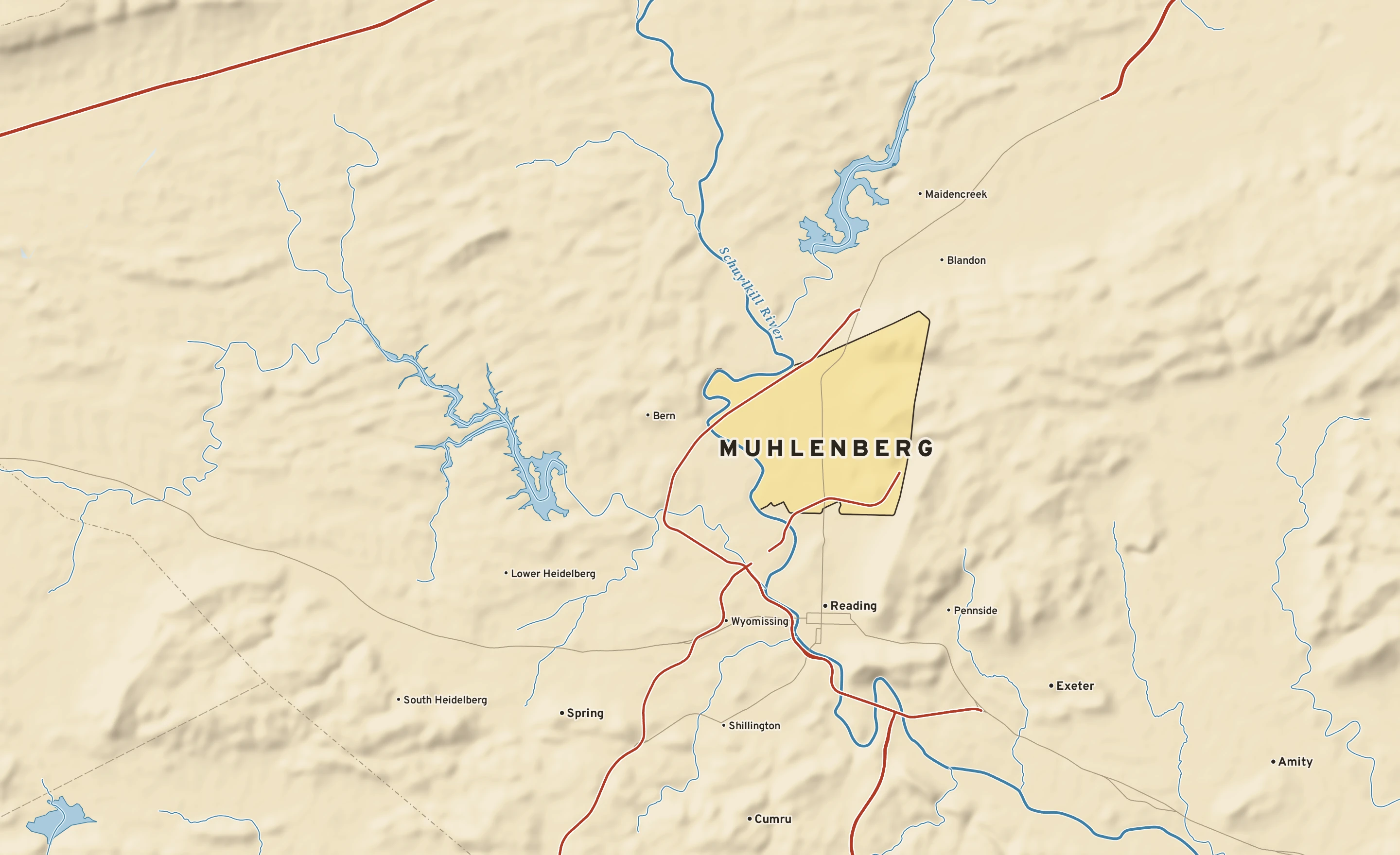 Shaded-relief atlas plate of Muhlenberg, Pennsylvania: rivers, roads, the city limits and where the water drains.