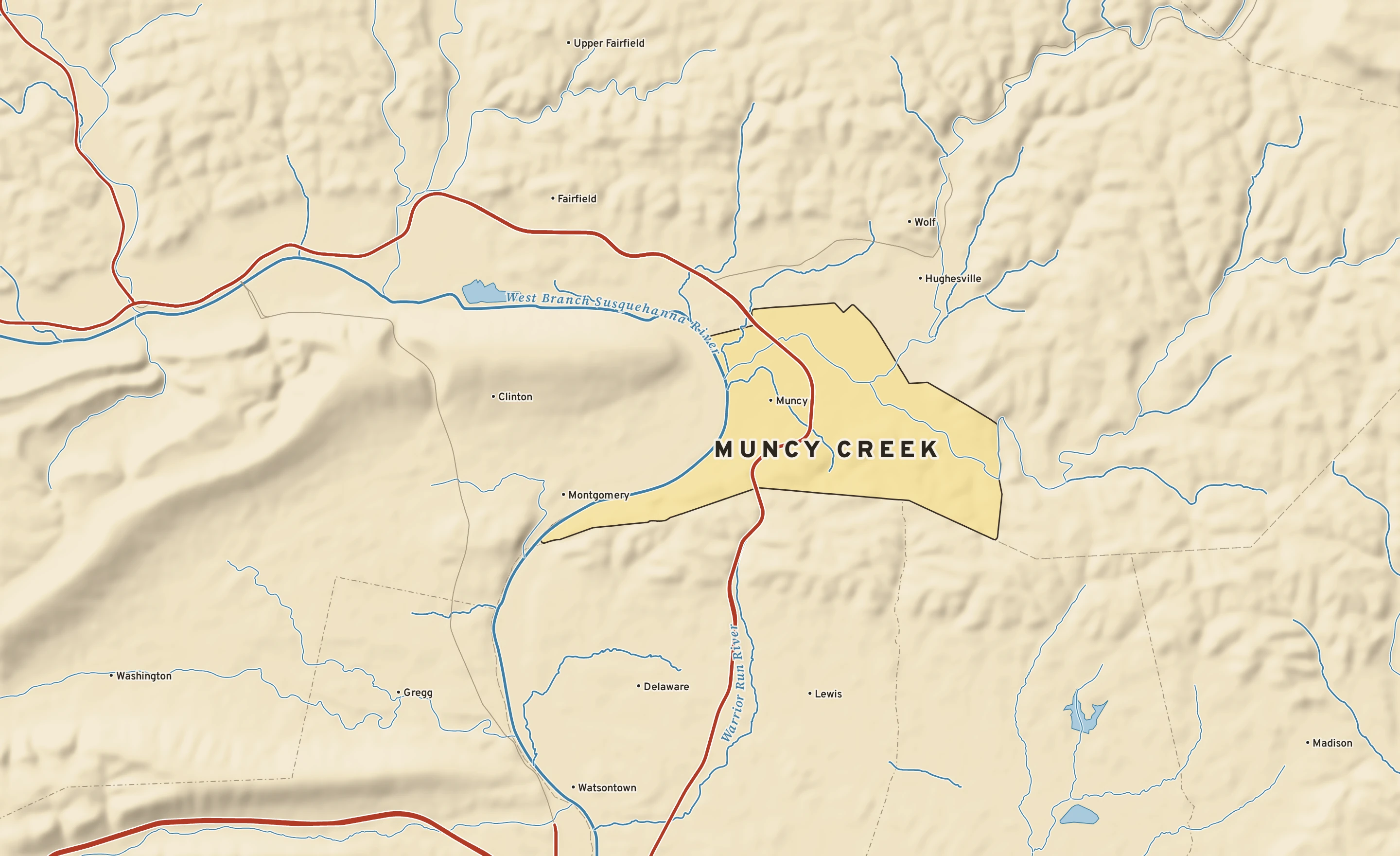 Shaded-relief atlas plate of Muncy Creek, Pennsylvania: rivers, roads, the city limits and where the water drains.