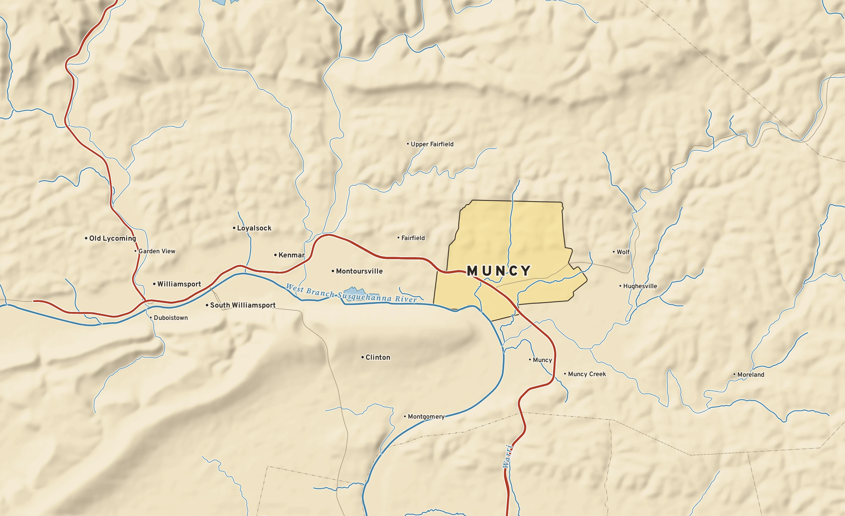 Shaded-relief atlas plate of Muncy, Pennsylvania: rivers, roads, the city limits and where the water drains.