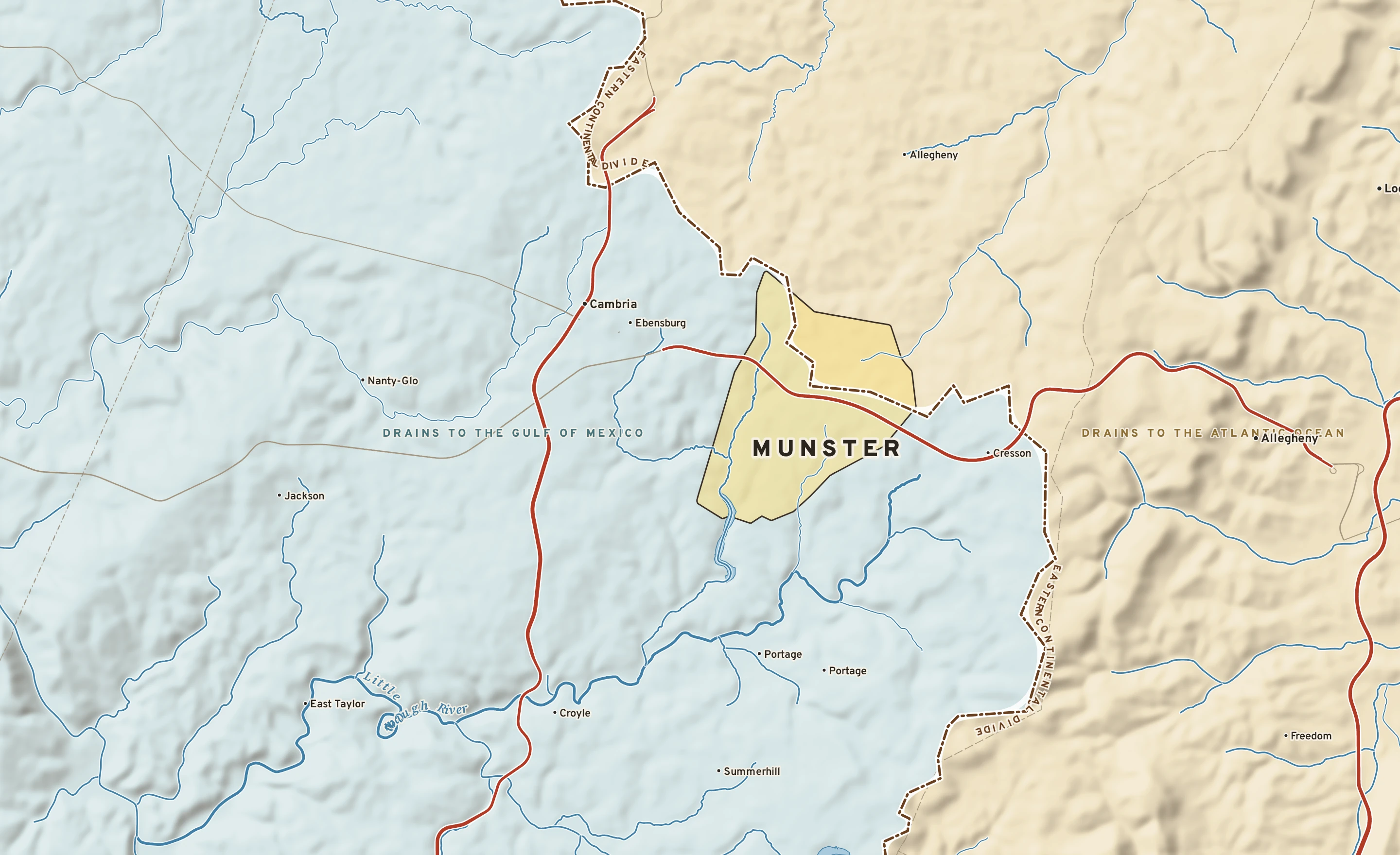 Shaded-relief atlas plate of Munster, Pennsylvania: rivers, roads, the city limits and where the water drains.