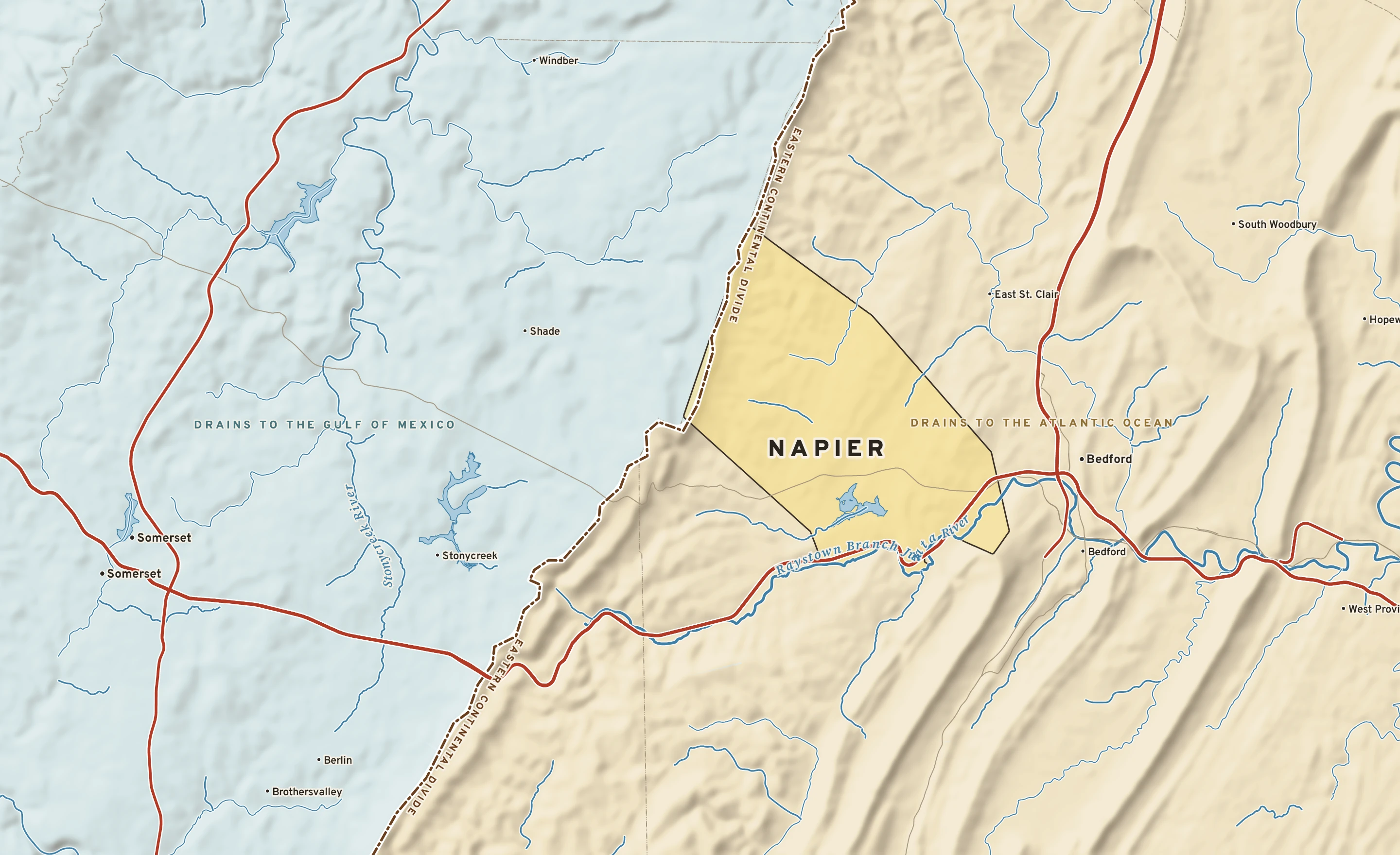 Shaded-relief atlas plate of Napier, Pennsylvania: rivers, roads, the city limits and where the water drains.