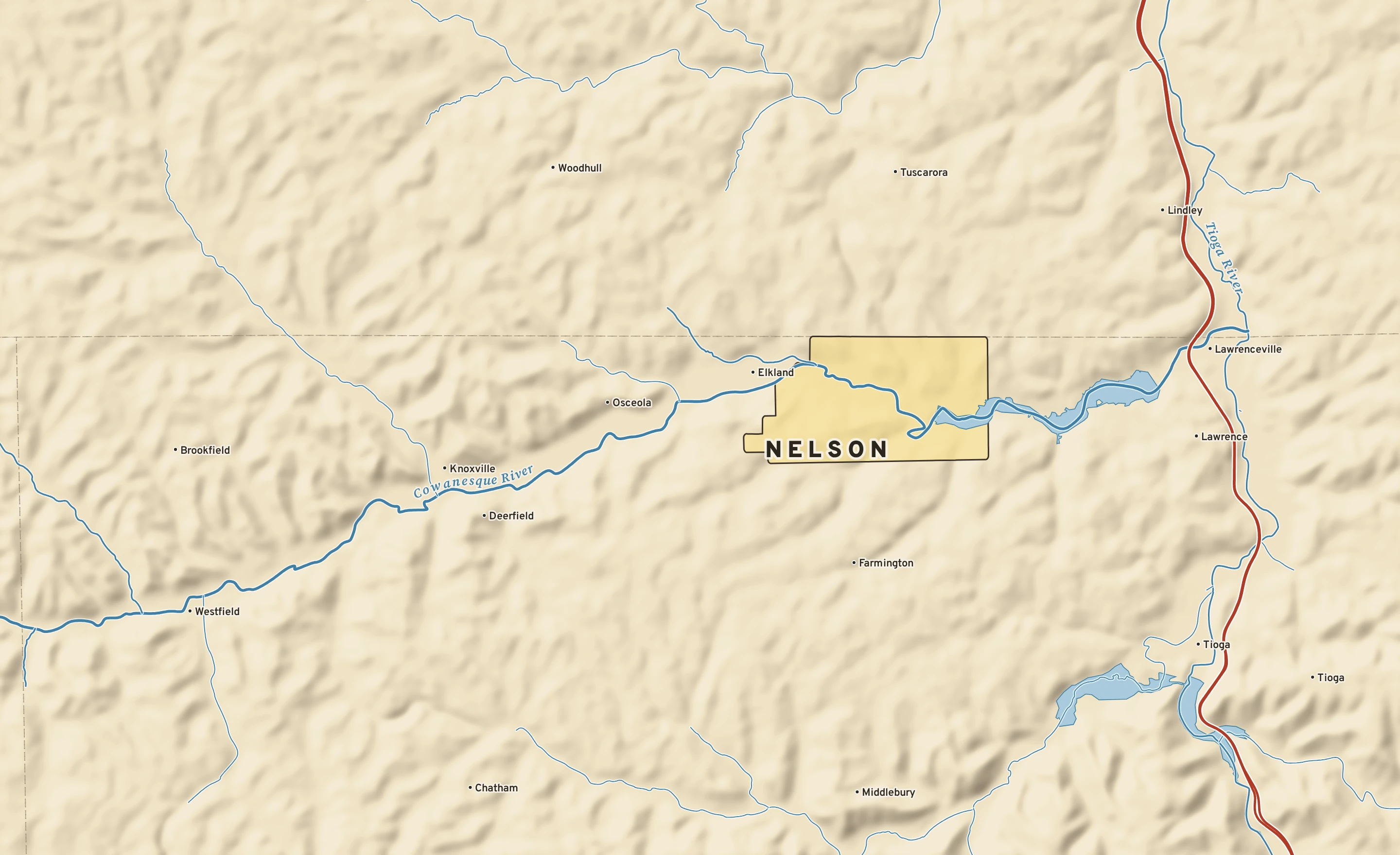 Shaded-relief atlas plate of Nelson, Pennsylvania: rivers, roads, the city limits and where the water drains.