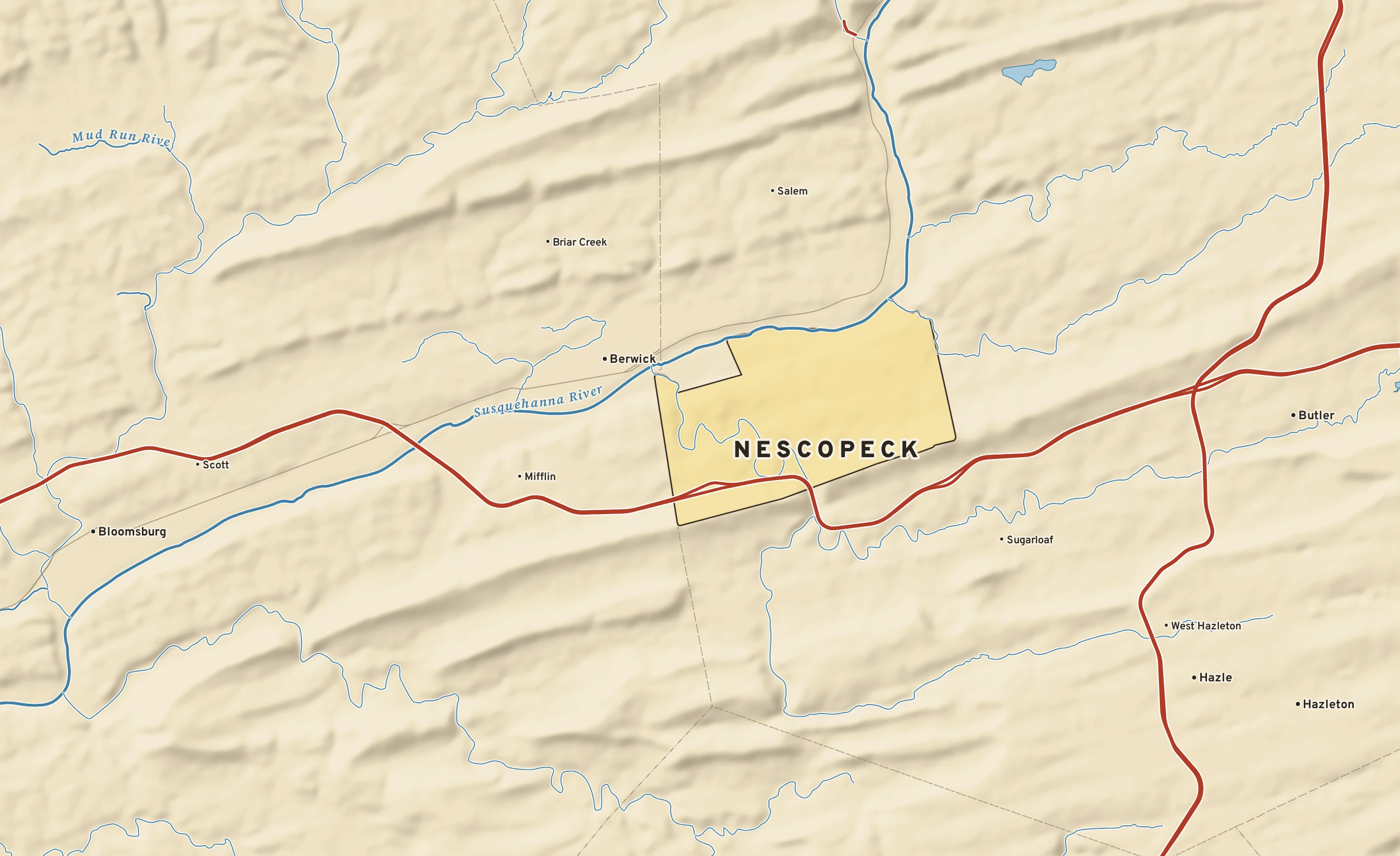 Shaded-relief atlas plate of Nescopeck, Pennsylvania: rivers, roads, the city limits and where the water drains.