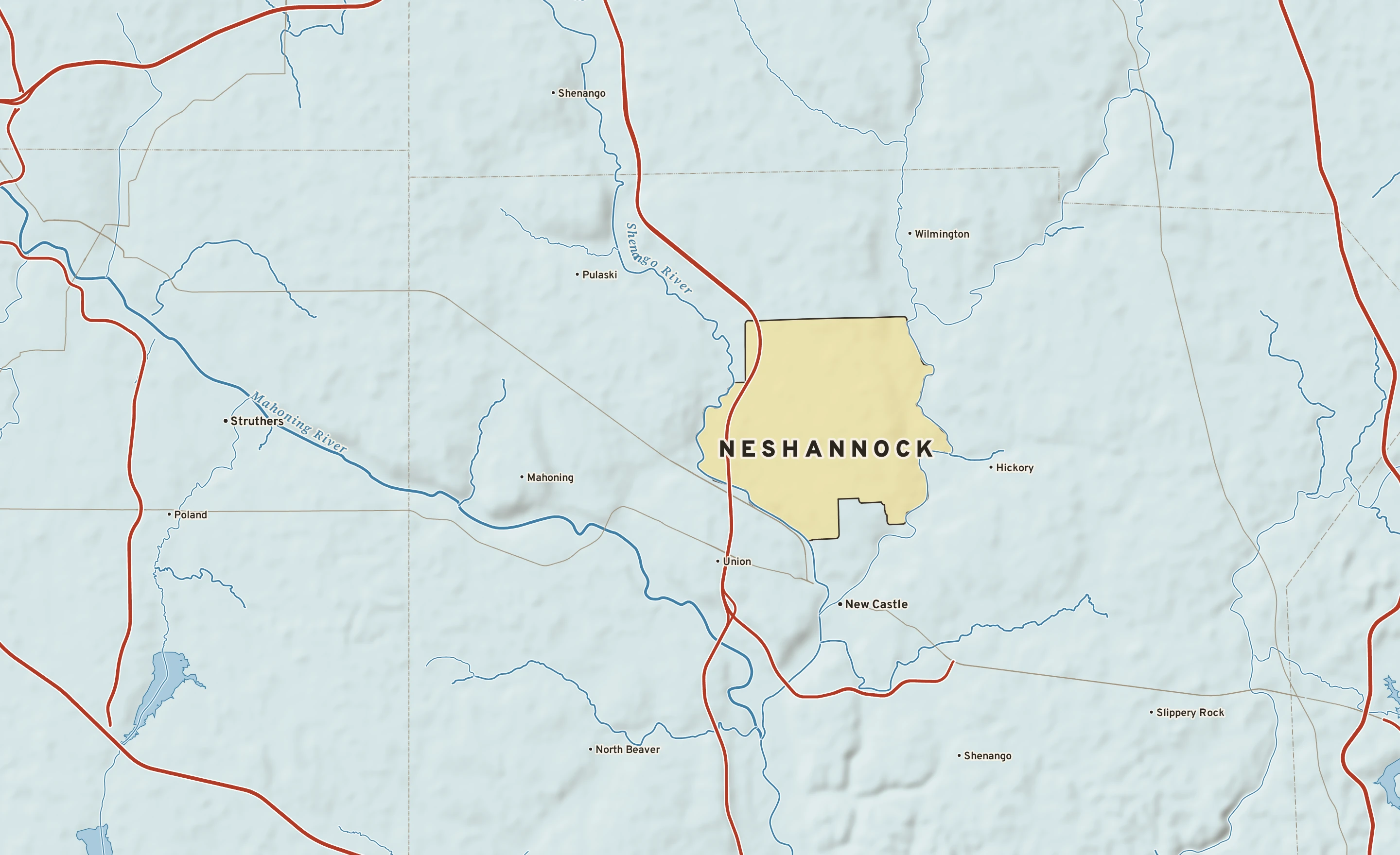 Shaded-relief atlas plate of Neshannock, Pennsylvania: rivers, roads, the city limits and where the water drains.