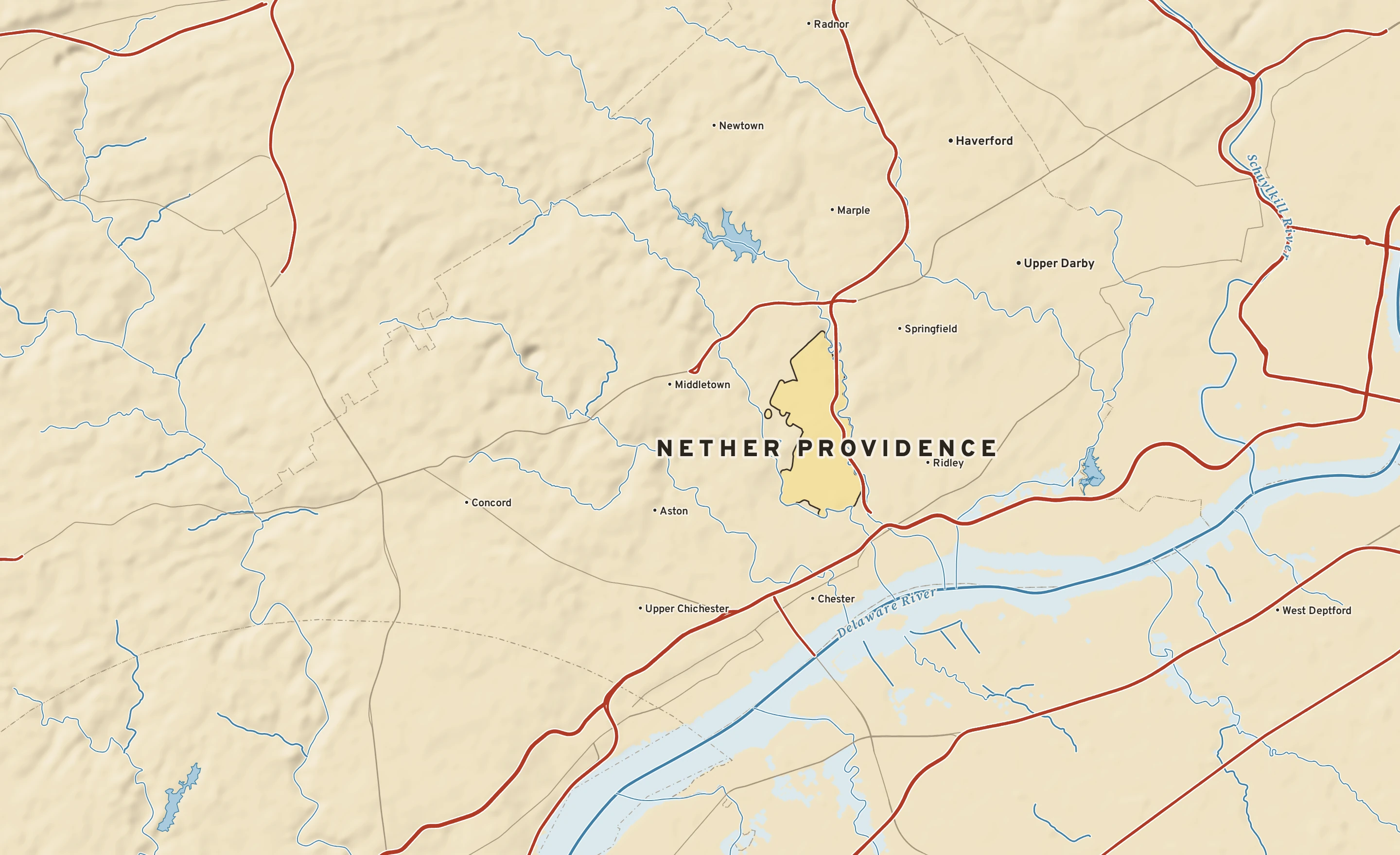 Shaded-relief atlas plate of Nether Providence, Pennsylvania: rivers, roads, the city limits and where the water drains.